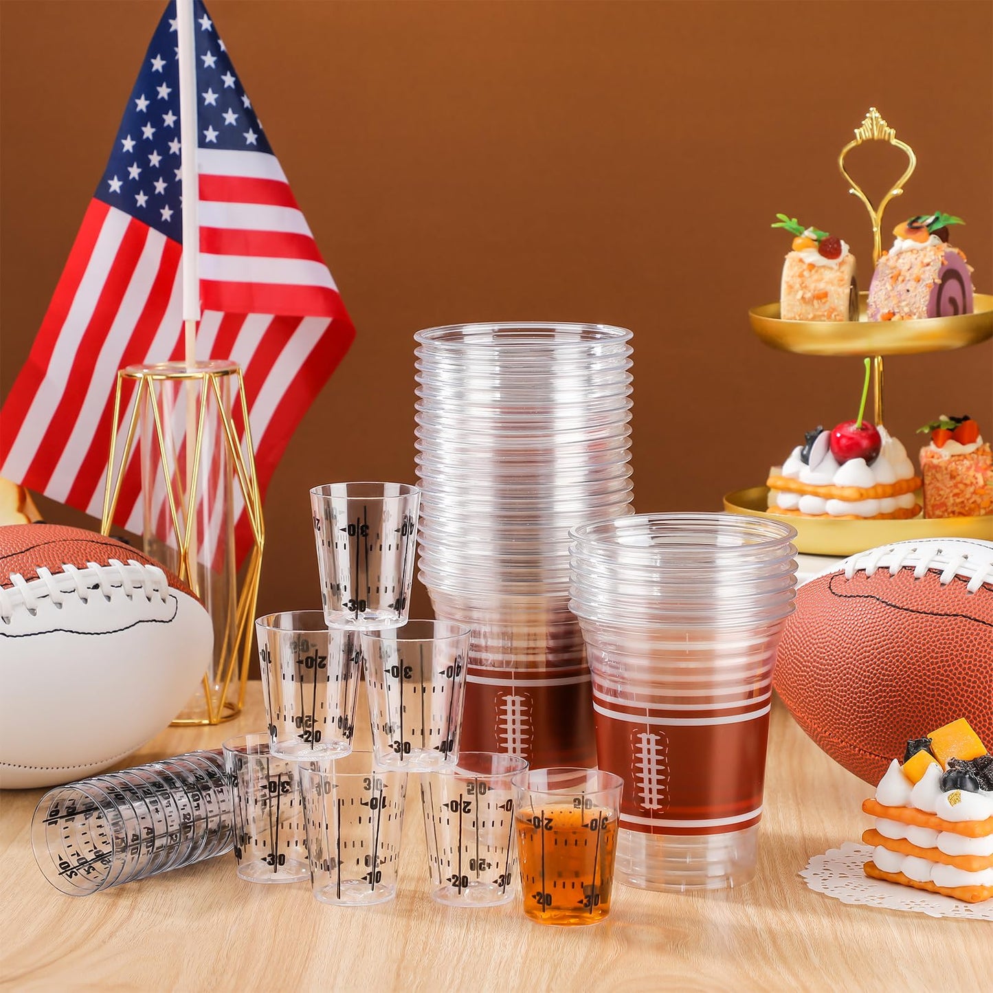 Sunnychicc Football Party Cups Kit — 40x 16oz Plastic Cups + 40x 2oz Shot Glasses, Bulk Disposable Game Day Supplies