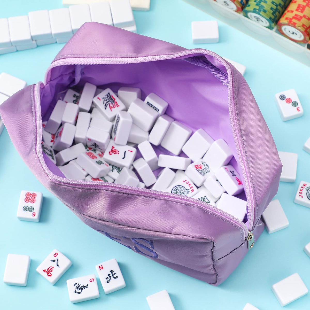 Sunnymove Thickened Mahjong Tile Bag with Zipper – 166 Tiles, 10.4 x 5.6 Inches, Purple (Case Only)
