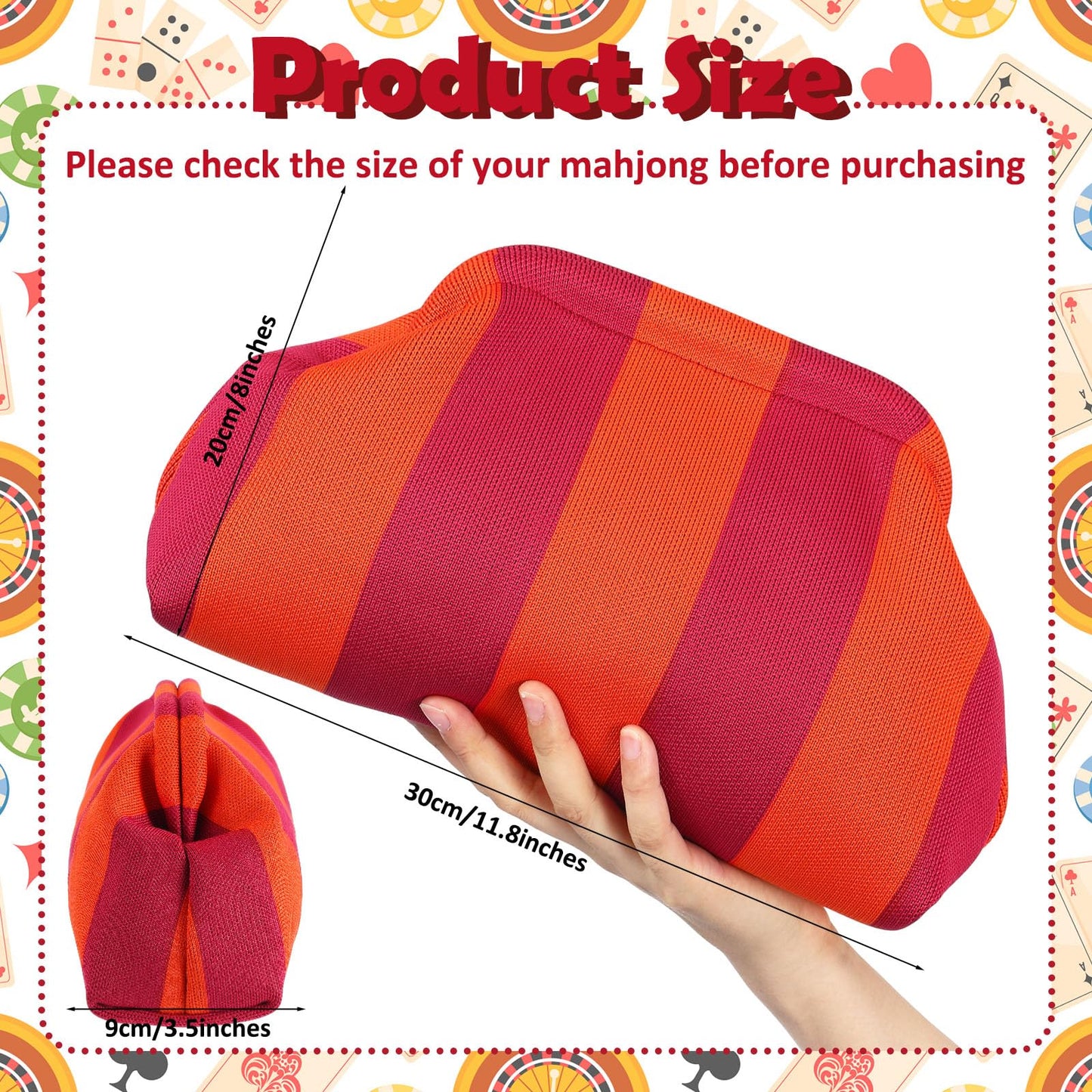 Sunnymove Empty Mahjong Tile Bag – Crochet Striped Pouch, Red, 30x20x9 cm