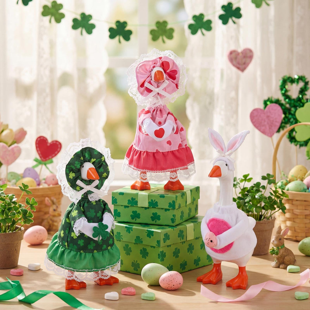 Sunnymove 3 Sets Desk Goose Outfits – Valentine’s, St. Patrick’s & Easter (7-inch)