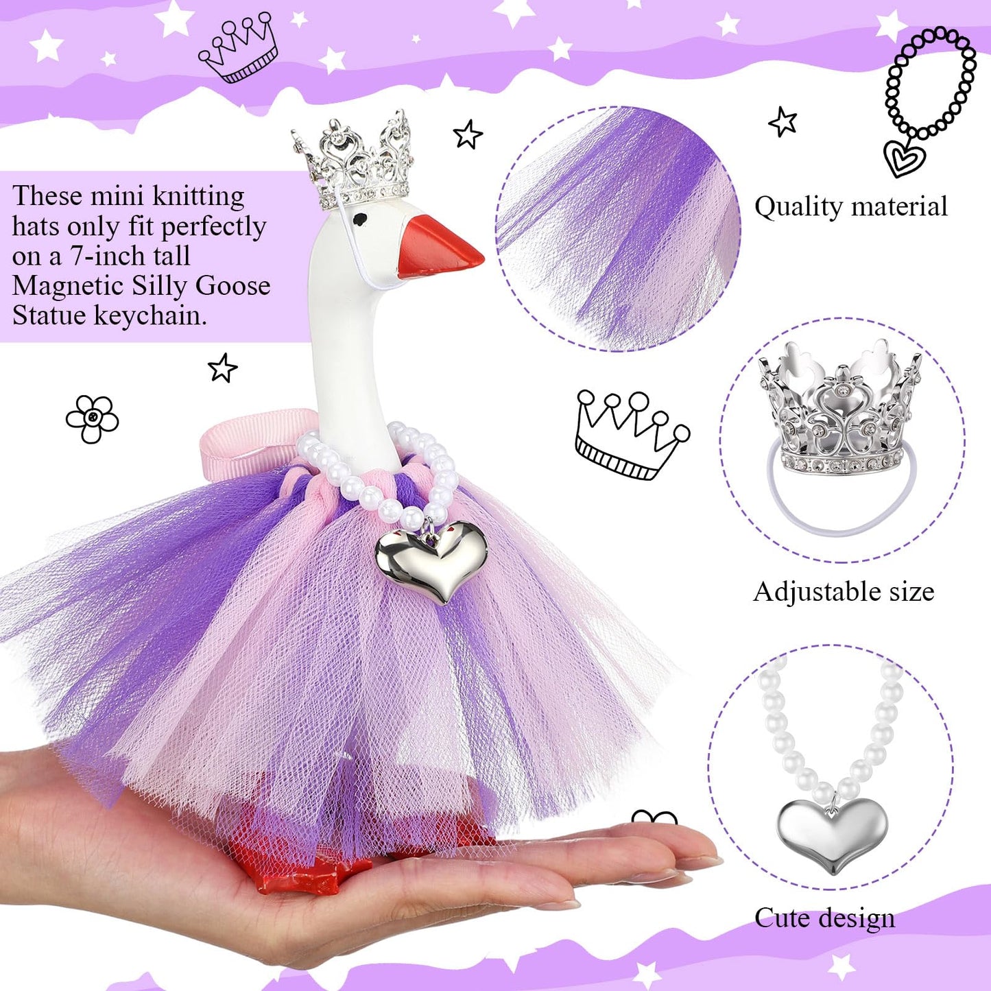 Sunnymove 7-Inch Winter Mini Desk Goose Outfit Set — Tiara, Tutu Dress & Necklace (Purple)