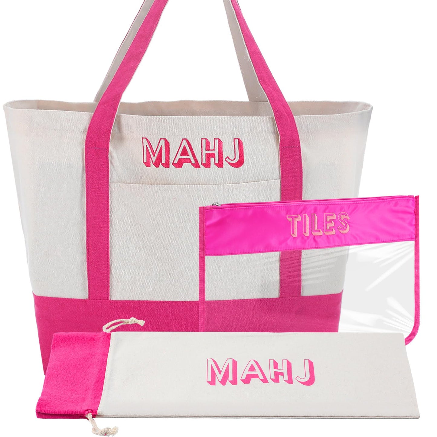 Sunnymove 3-Piece Empty Mahjong Canvas Bag Set - Pink (Tiles Bag, Racks & Pushers)