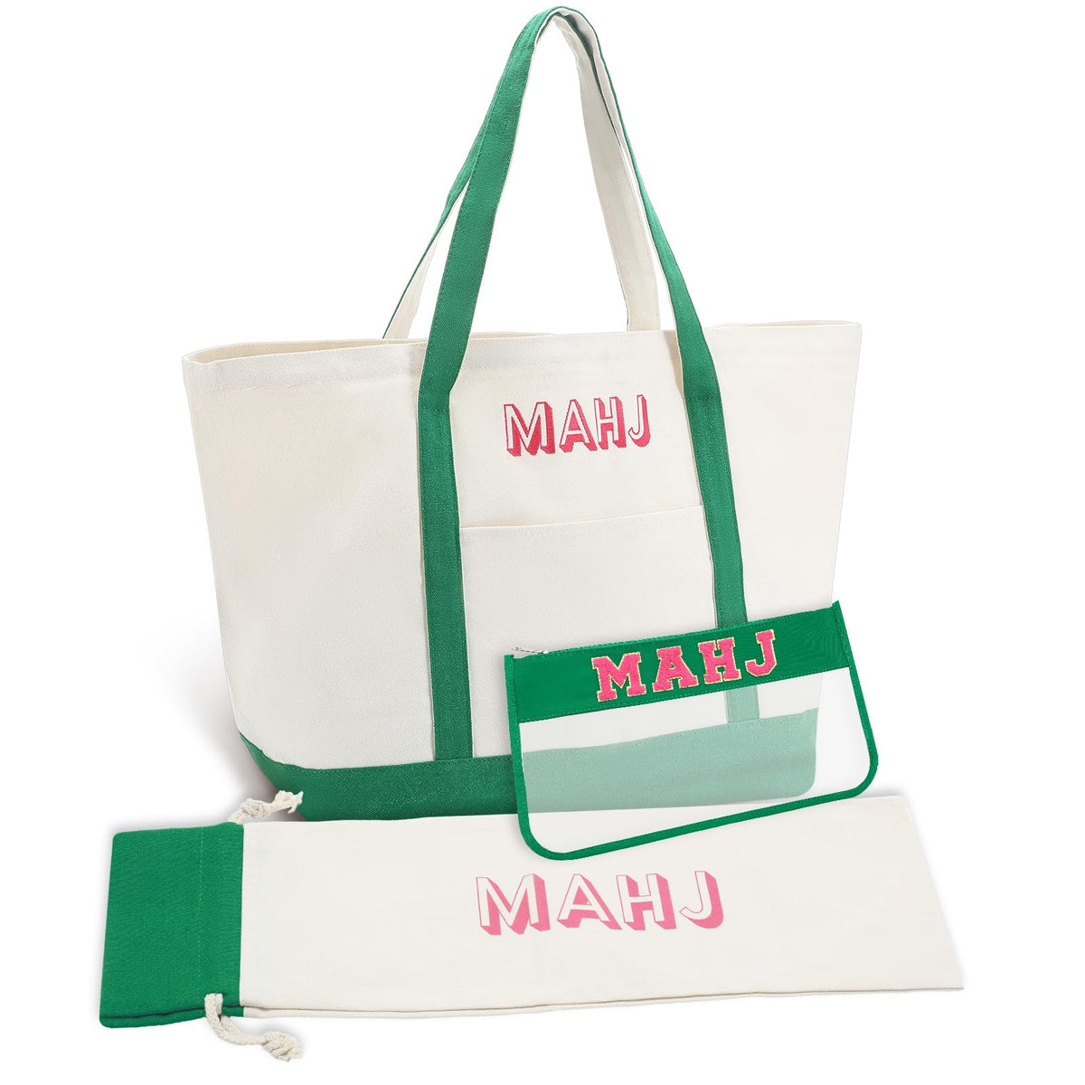 Sunnymove 3-Piece Empty Mahjong Canvas Bag Set – Green, Includes Tiles, Racks & Drawstrings