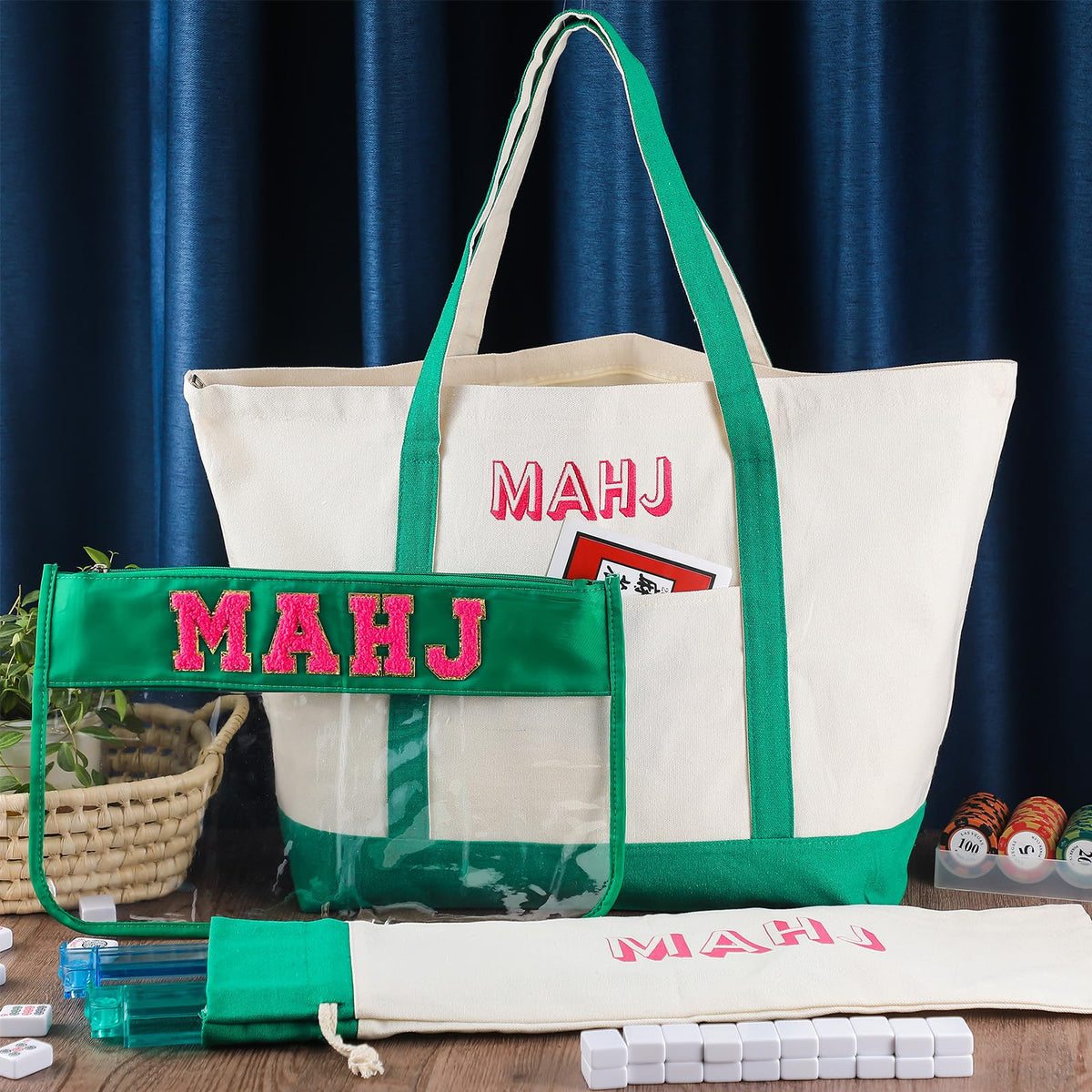 Sunnymove 3-Piece Empty Mahjong Canvas Bag Set – Green, Includes Tiles, Racks & Drawstrings