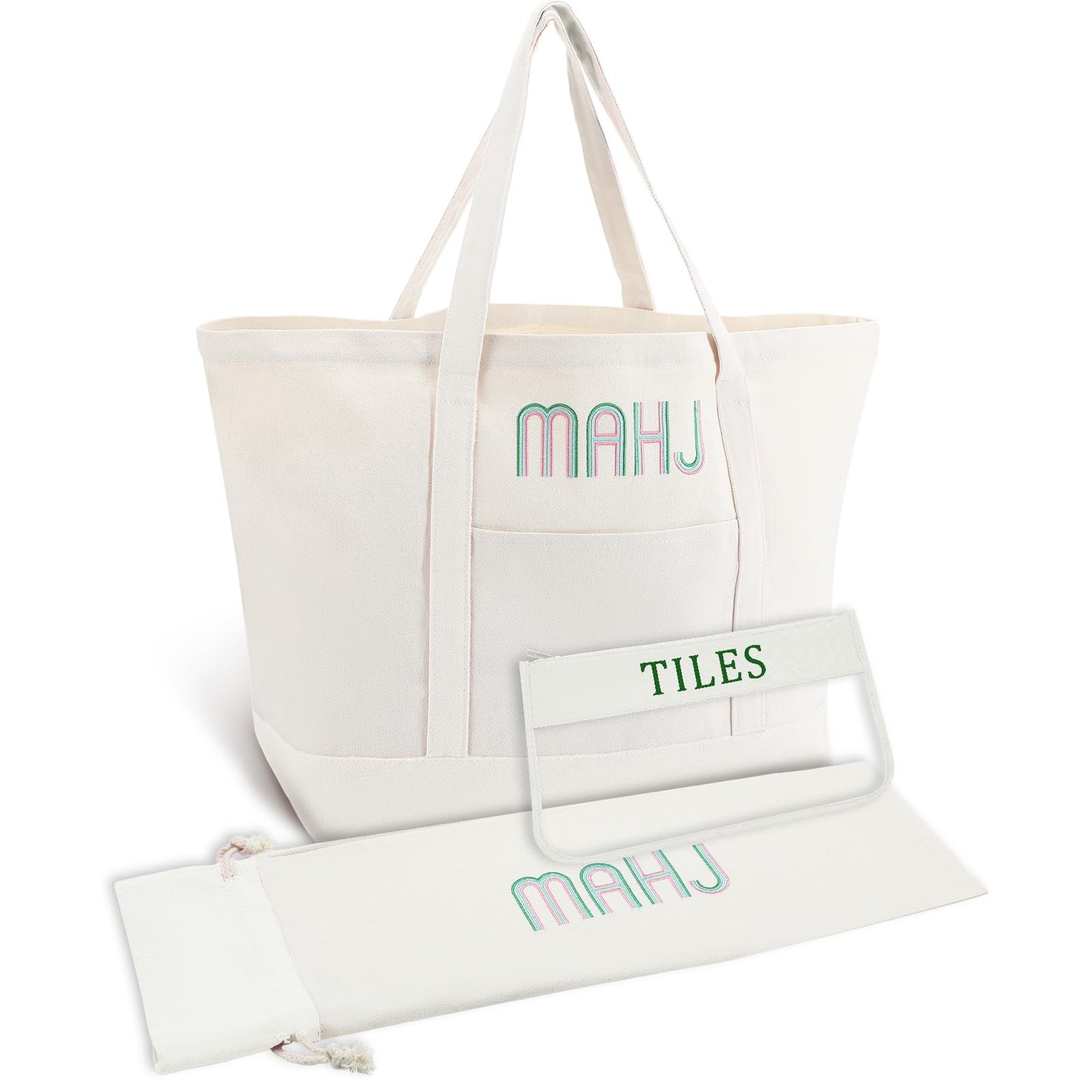 Sunnymove 3-Piece Empty Mahjong Canvas Bag Set – White, Embroidered, Includes Racks & Pushers