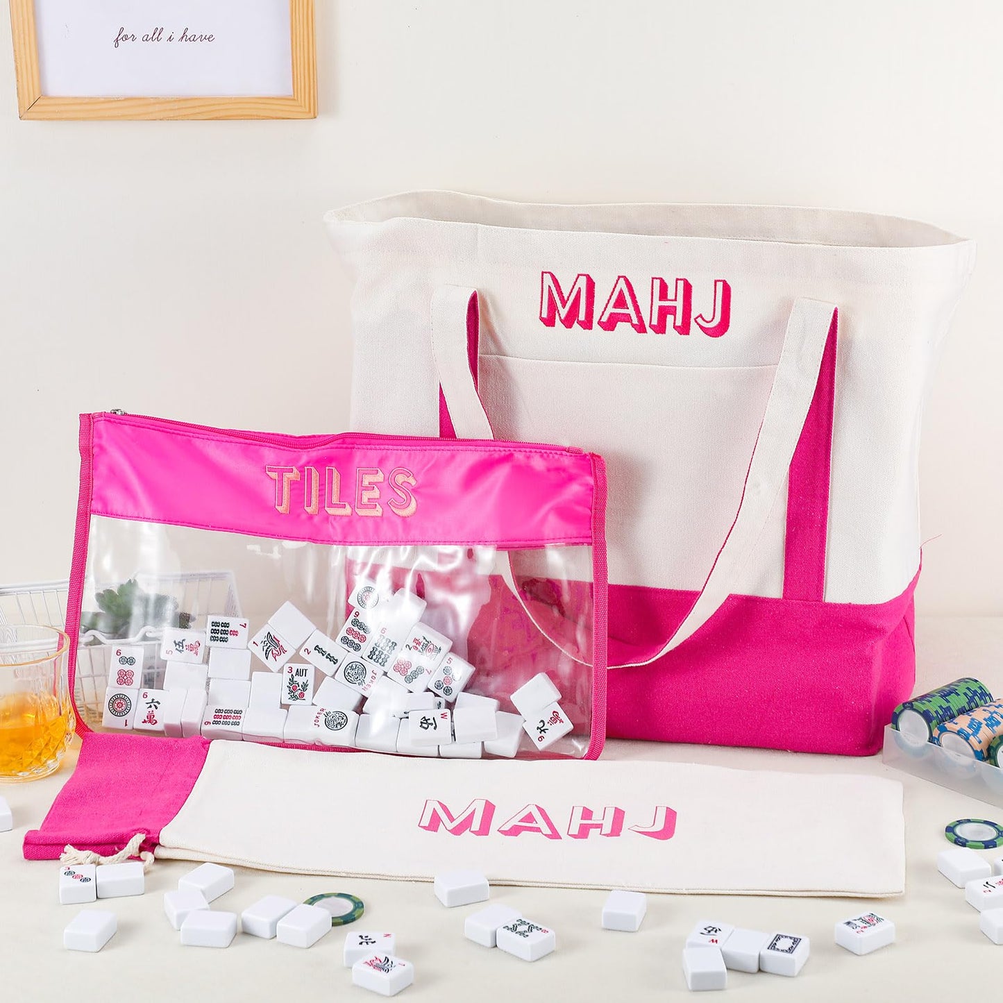 Sunnymove 3-Piece Empty Mahjong Canvas Bag Set - Pink (Tiles Bag, Racks & Pushers)