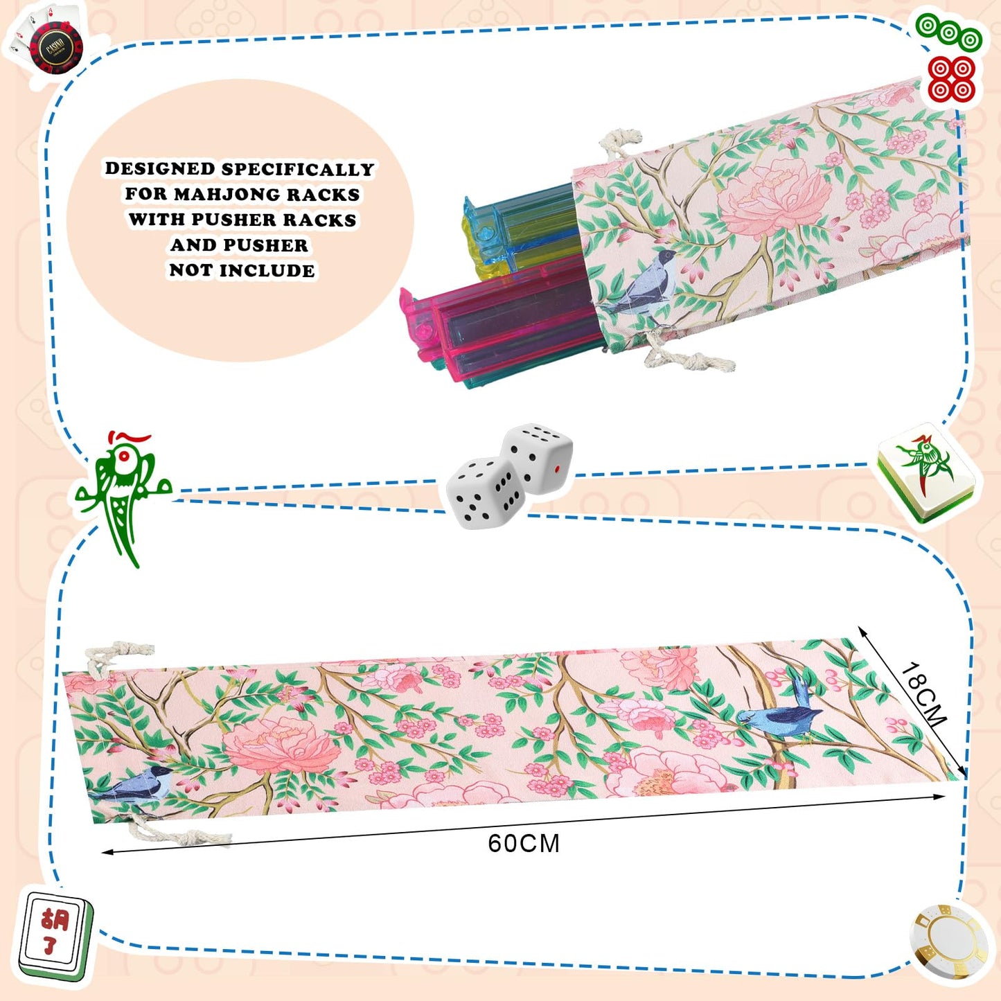Sunnymove Empty Mahjong Bags Set for Tiles and Racks – 24x13x4.7 Inch Carrying Bag Case (Chinoiserie)