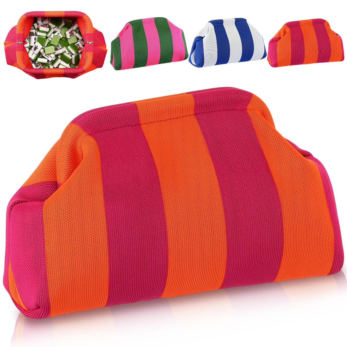 Sunnymove Empty Mahjong Tile Bag – Crochet Striped Pouch, Red, 30x20x9 cm