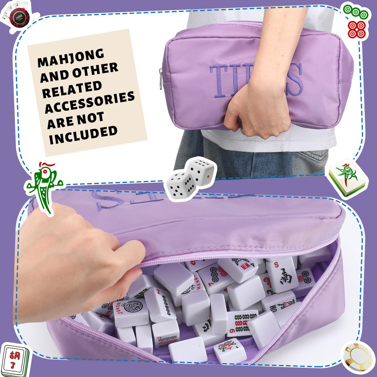 Sunnymove Thickened Mahjong Tile Bag with Zipper – 166 Tiles, 10.4 x 5.6 Inches, Purple (Case Only)