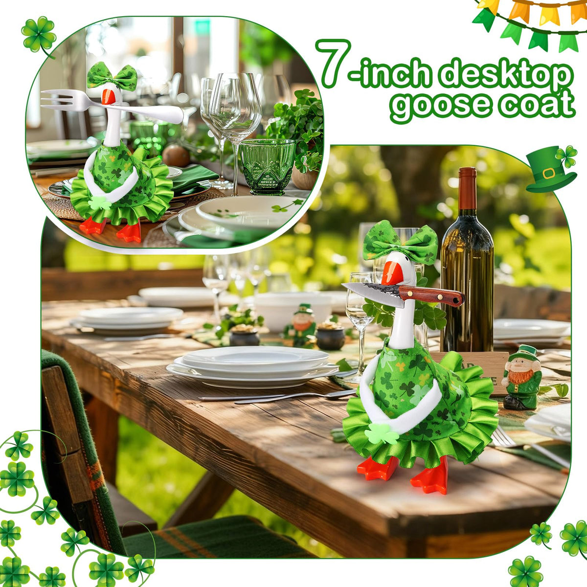Sunnymove St Patrick's Day 7-Inch Desk Goose Outfit – Shamrock Dress & Bow Hat