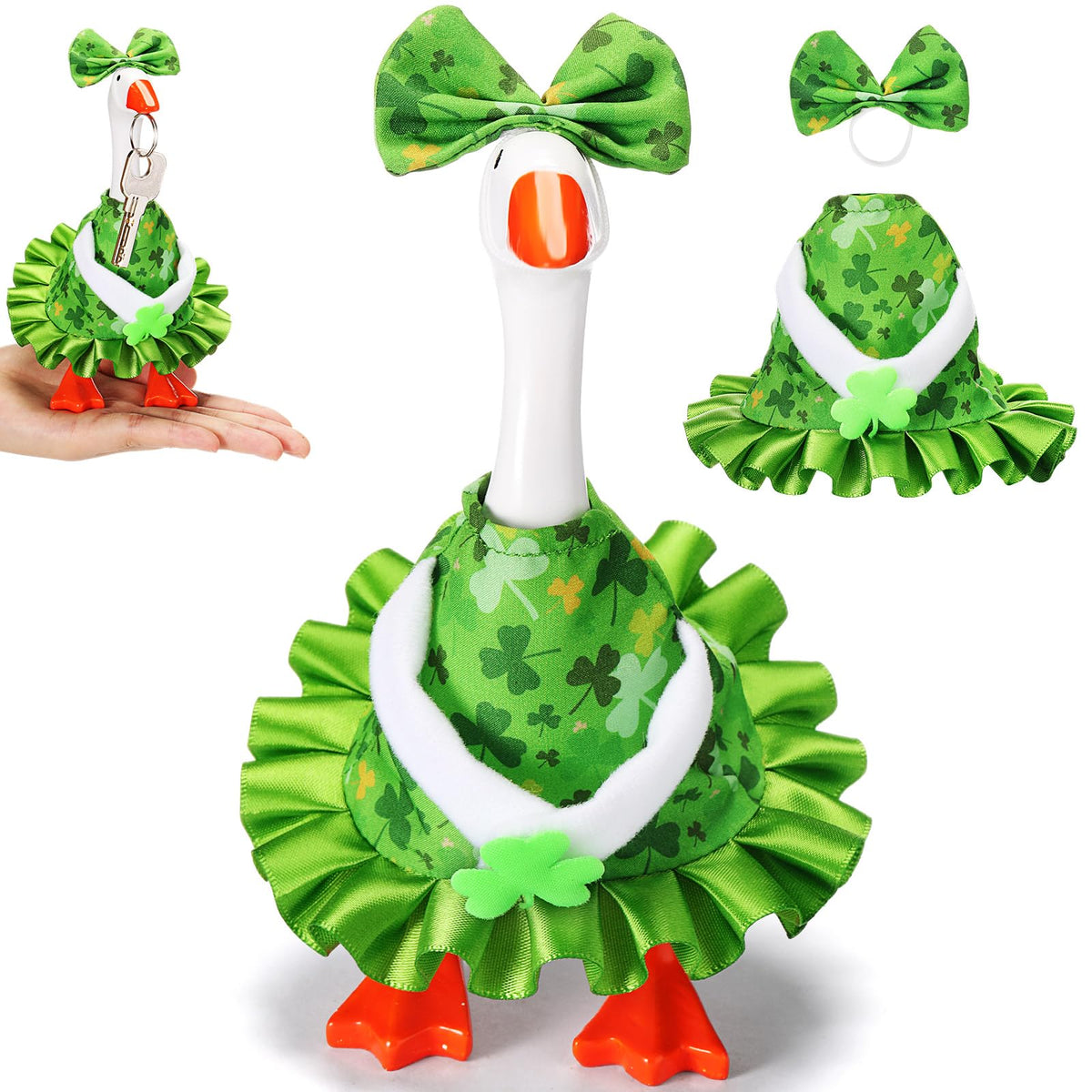 Sunnymove St Patrick's Day 7-Inch Desk Goose Outfit – Shamrock Dress & Bow Hat