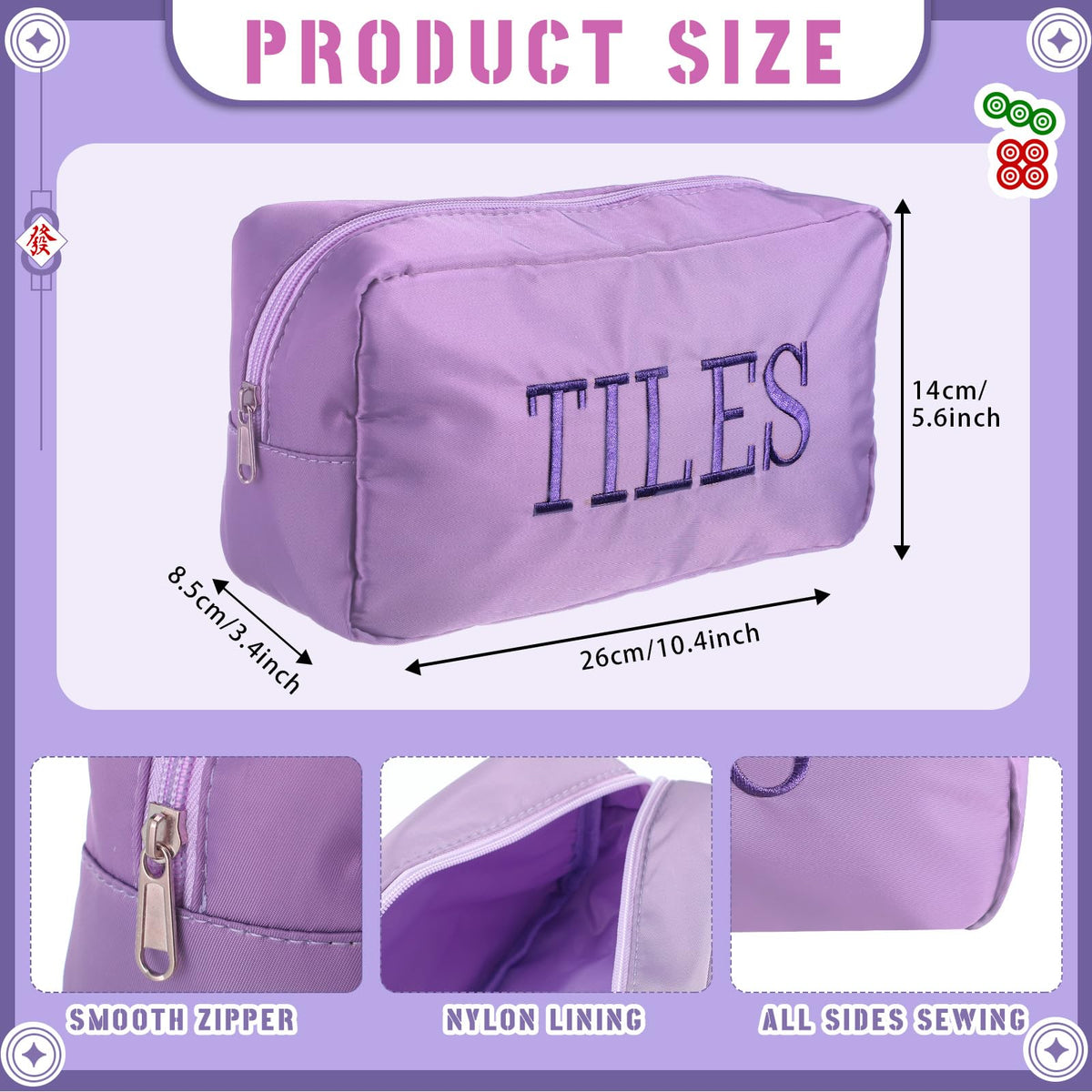 Sunnymove Thickened Mahjong Tile Bag with Zipper – 166 Tiles, 10.4 x 5.6 Inches, Purple (Case Only)