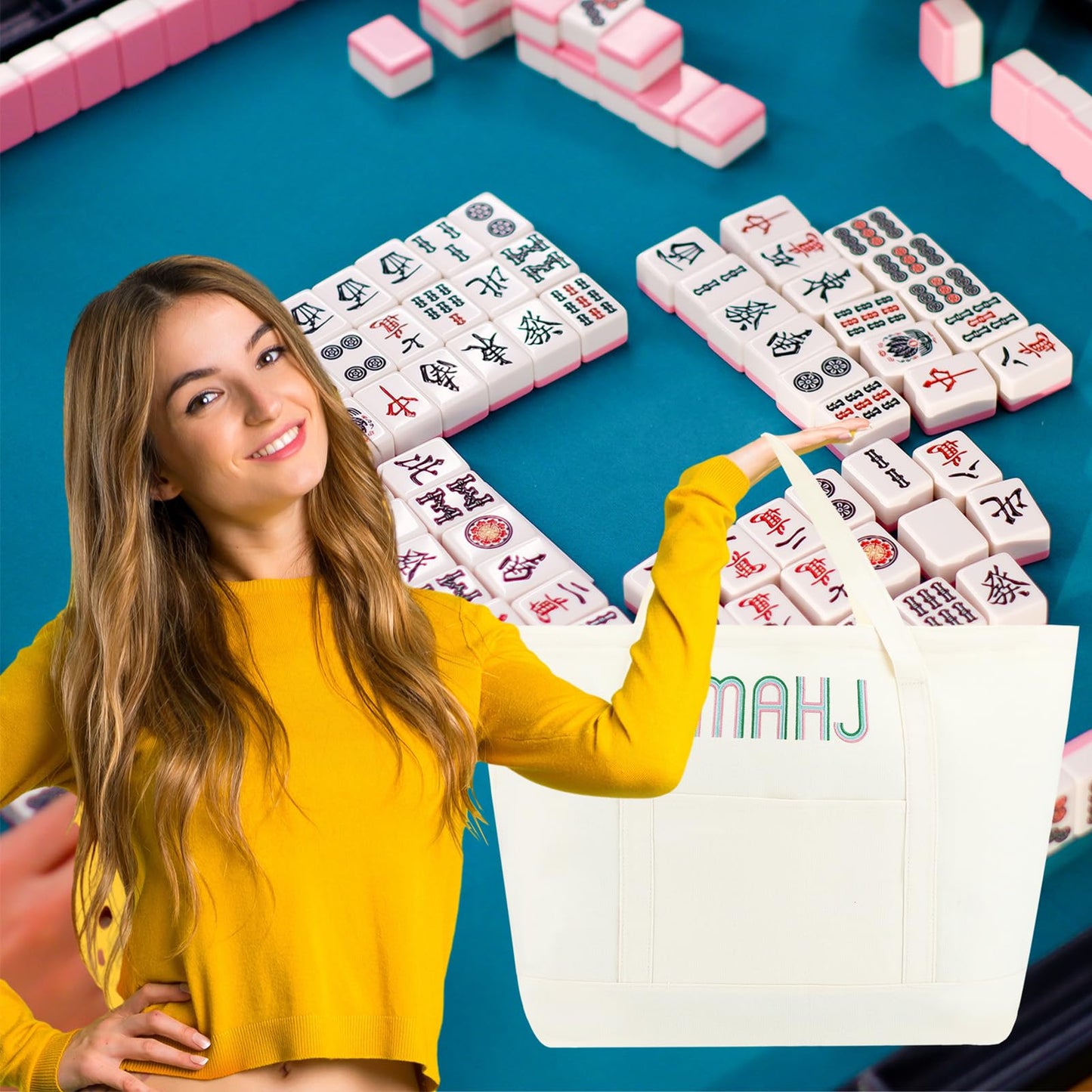 Sunnymove 3-Piece Empty Mahjong Canvas Bag Set – White, Embroidered, Includes Racks & Pushers
