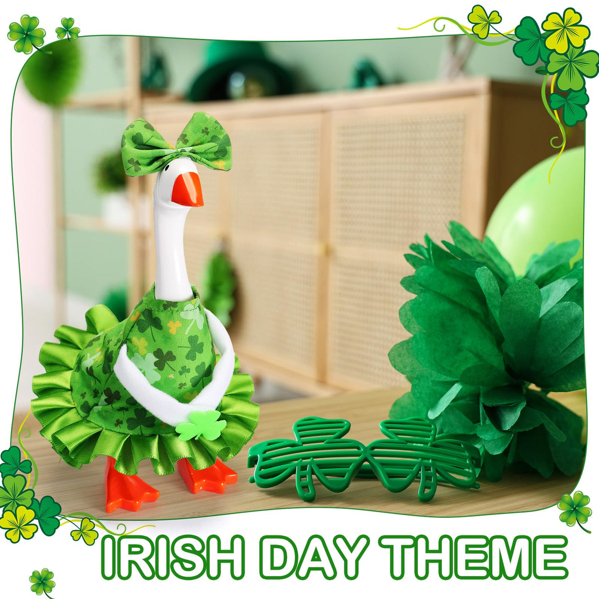 Sunnymove St Patrick's Day 7-Inch Desk Goose Outfit – Shamrock Dress & Bow Hat