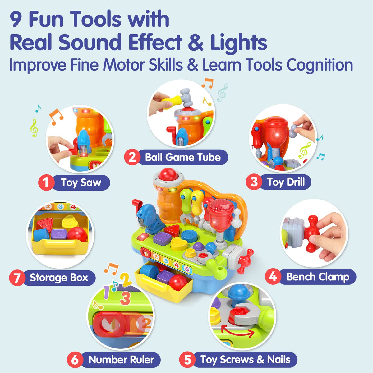SunnyPal 9-in-1 Music Workbench Toy for Toddlers 1-3 – Fine Motor Skills, Shapes & Pretend Play