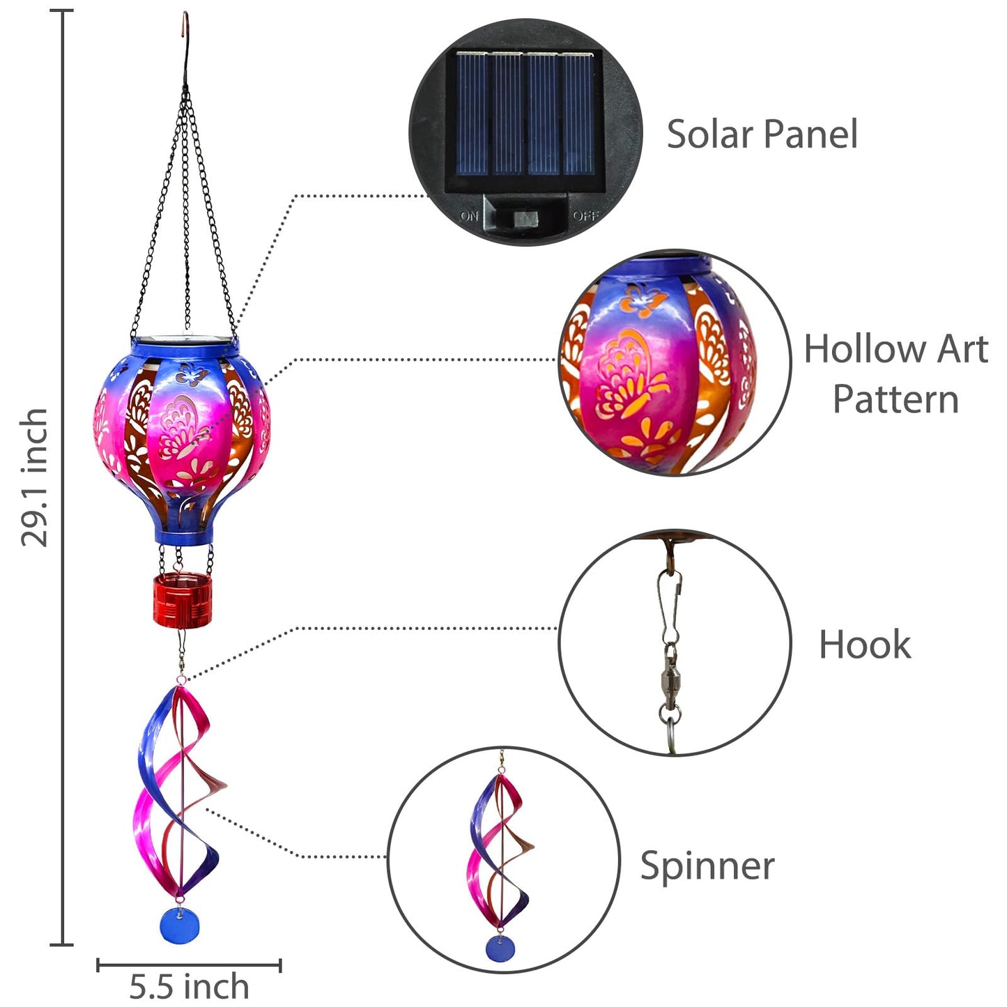 SUNNYPARK Hot Air Balloon Solar Lantern Wind Spinner – Hanging Garden Decor (Hummingbird & Butterfly)