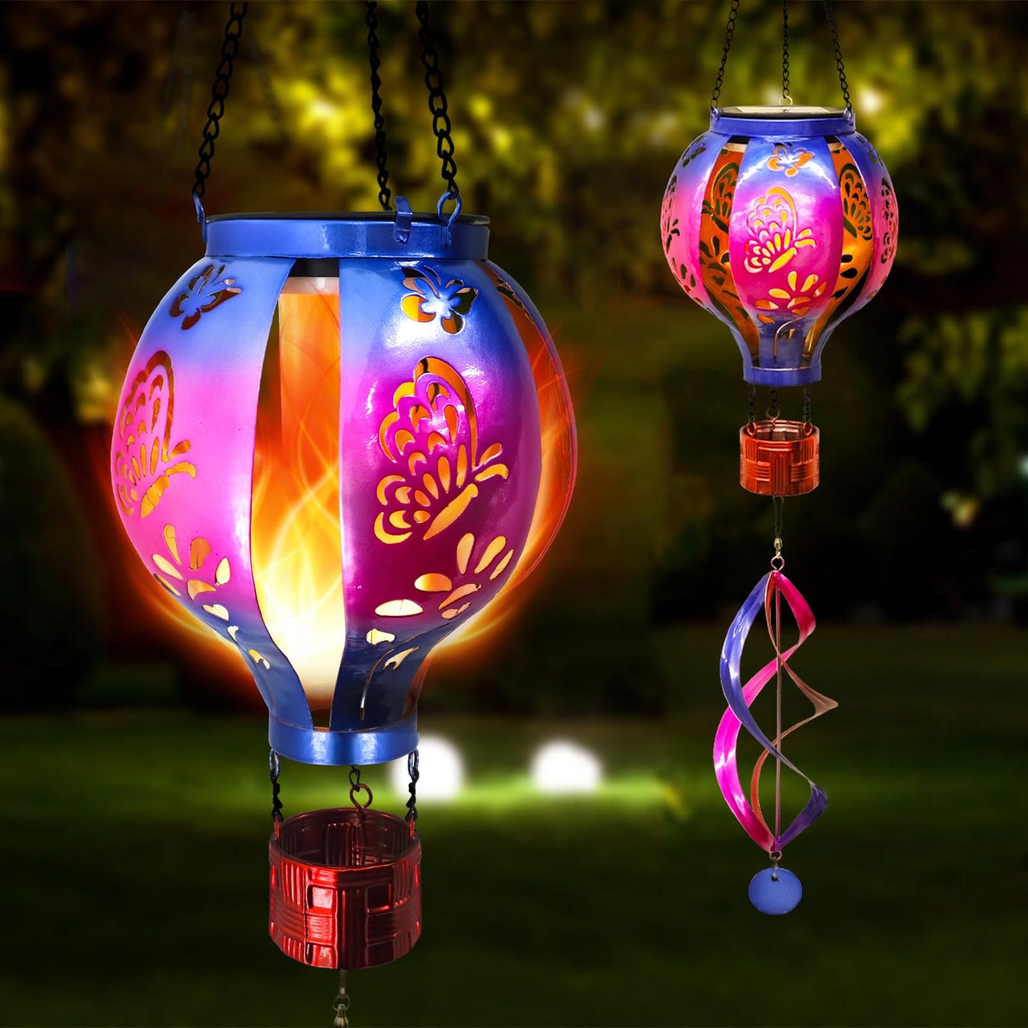 SUNNYPARK Hot Air Balloon Solar Lantern Wind Spinner – Hanging Garden Decor (Hummingbird & Butterfly)