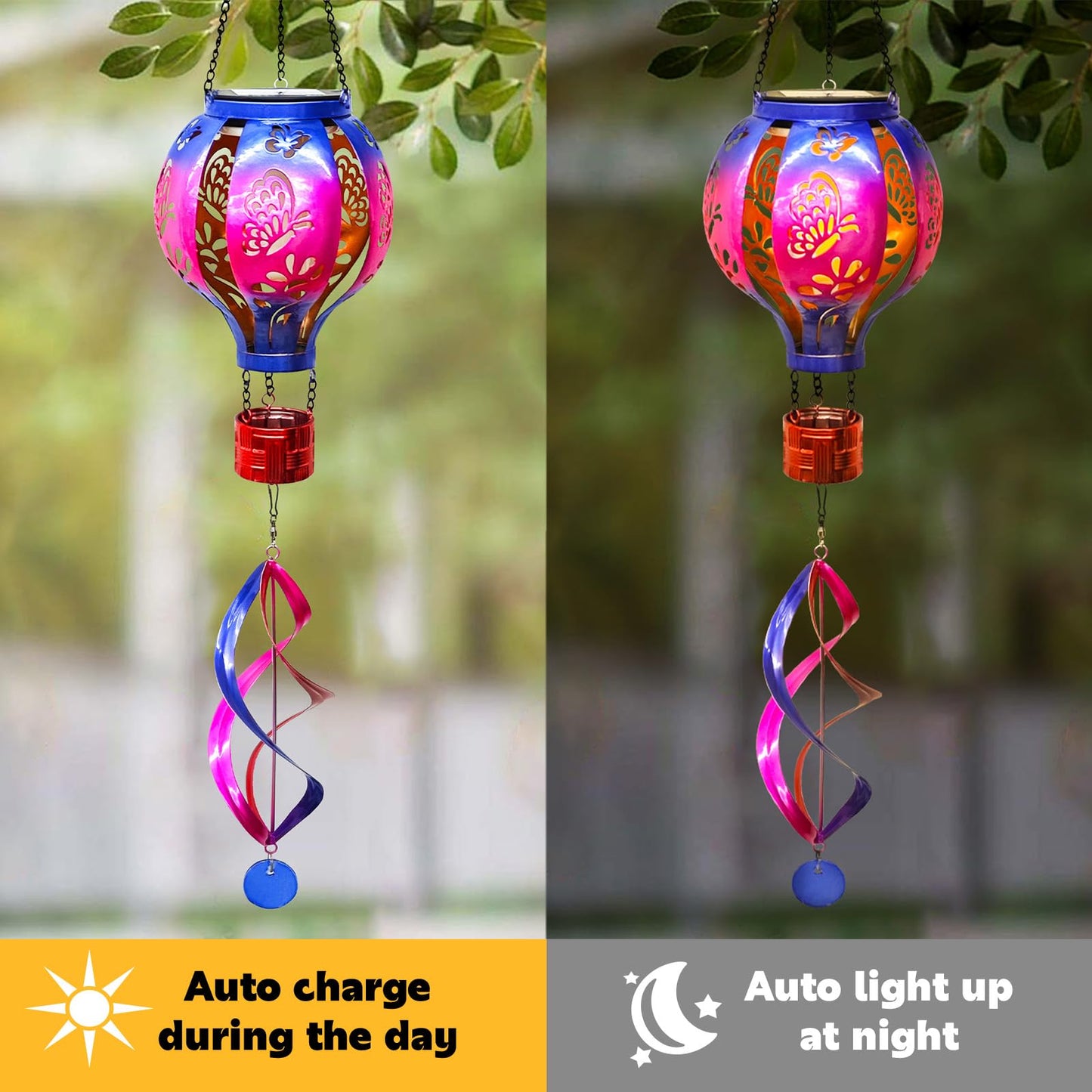 SUNNYPARK Hot Air Balloon Solar Lantern Wind Spinner – Hanging Garden Decor (Hummingbird & Butterfly)