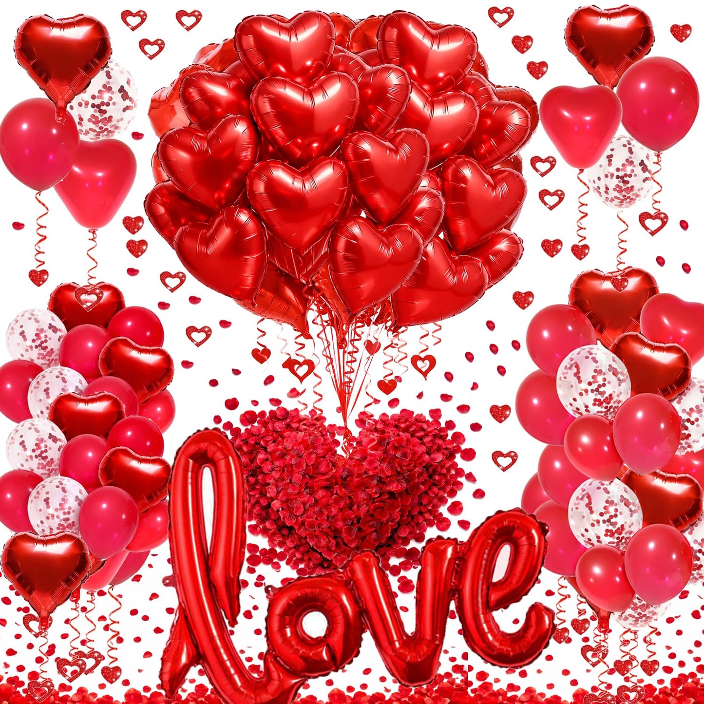 SUNPROUND 128Pcs Valentines Day Decorations Kit – Red Balloons, Rose Petals & Heart Hanging Decor