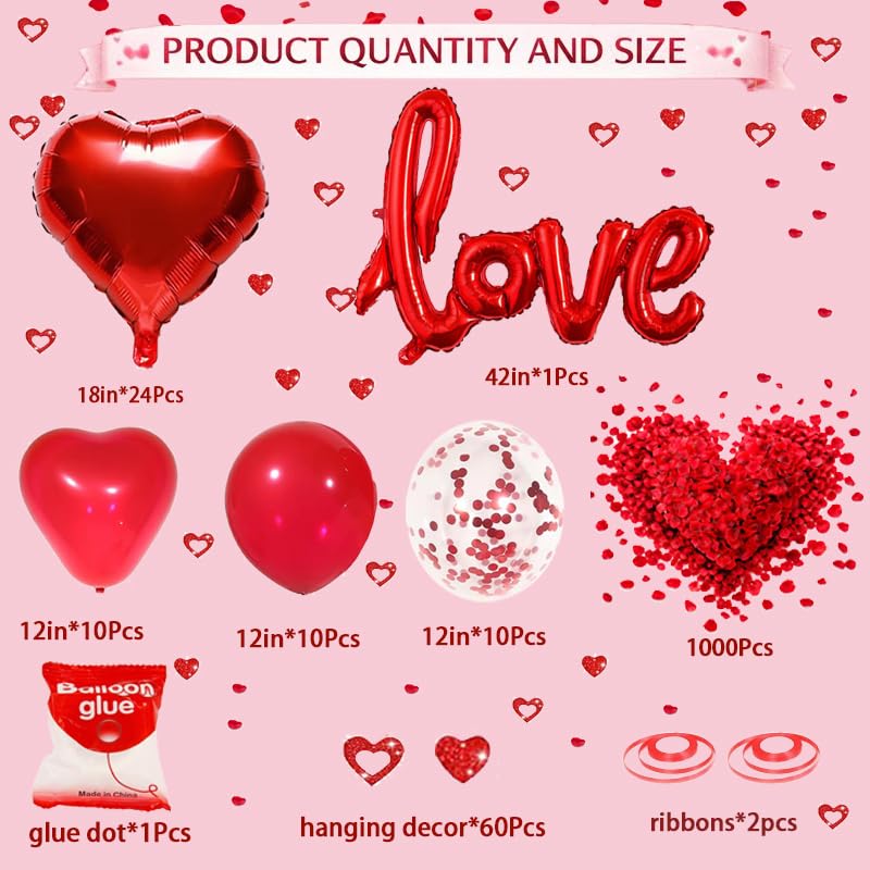 SUNPROUND 128Pcs Valentines Day Decorations Kit – Red Balloons, Rose Petals & Heart Hanging Decor