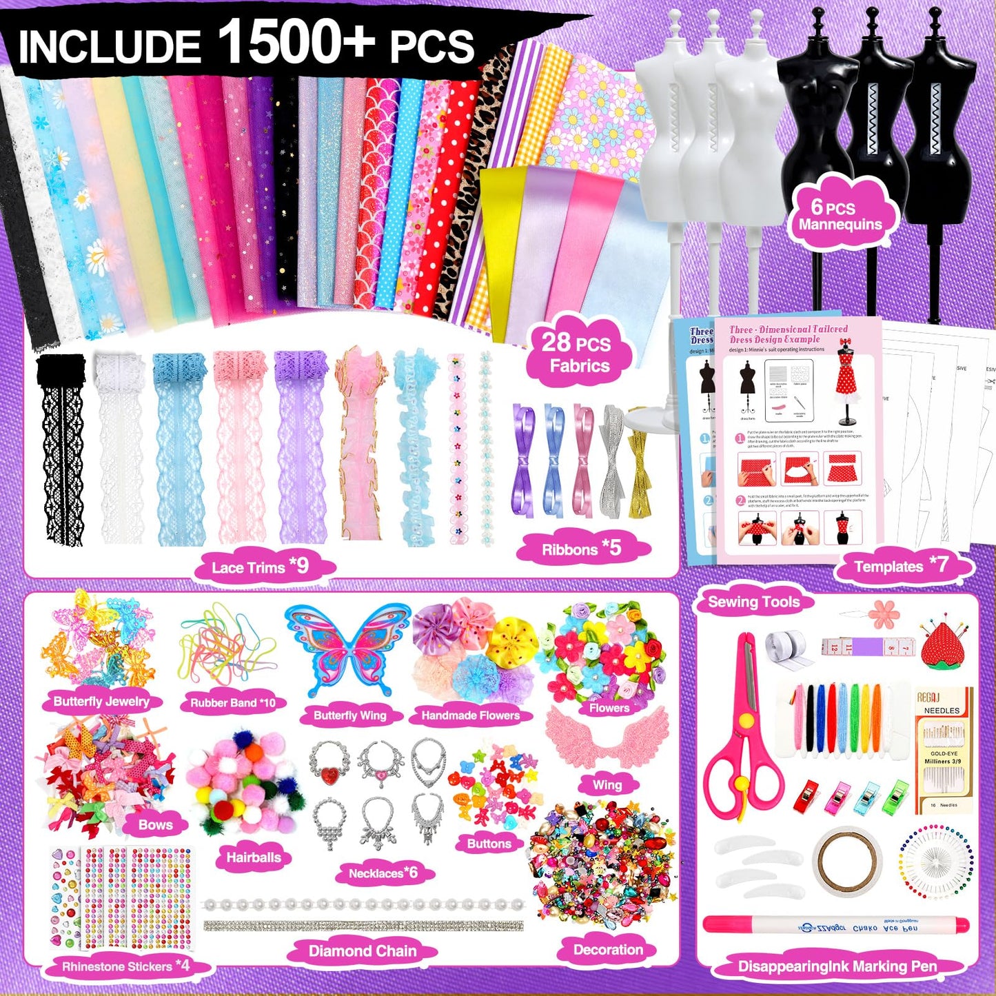 Sunrad 1500+ PCS Fashion Designer Kit for Girls – DIY Doll Clothes with 6 Mannequins