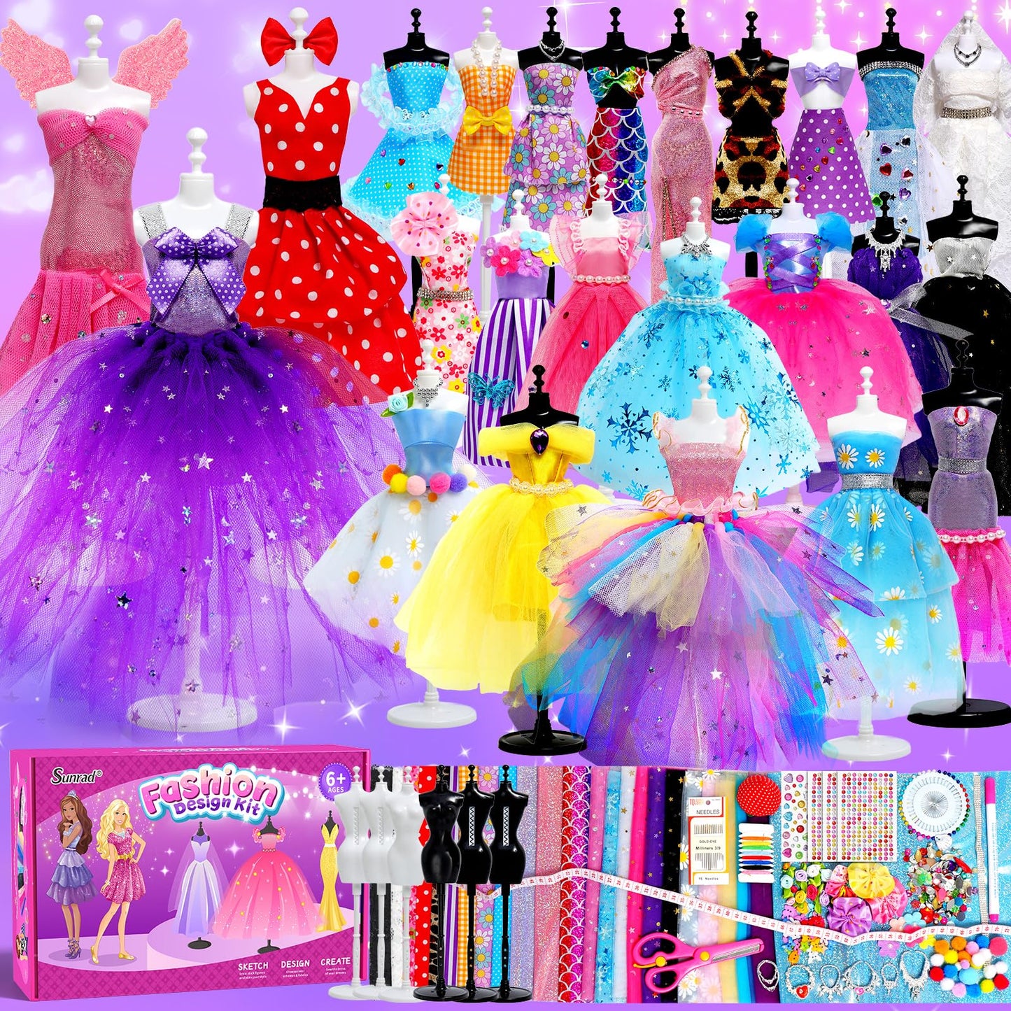 Sunrad 1500+ PCS Fashion Designer Kit for Girls – DIY Doll Clothes with 6 Mannequins