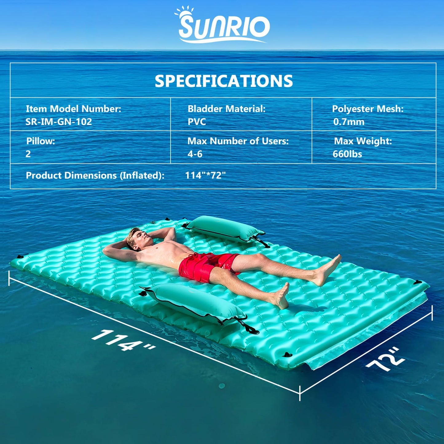 Sunrio 2025 Upgrade 114''x72'' Giant Inflatable Floating Mat – Pool & Lake Float for Adults