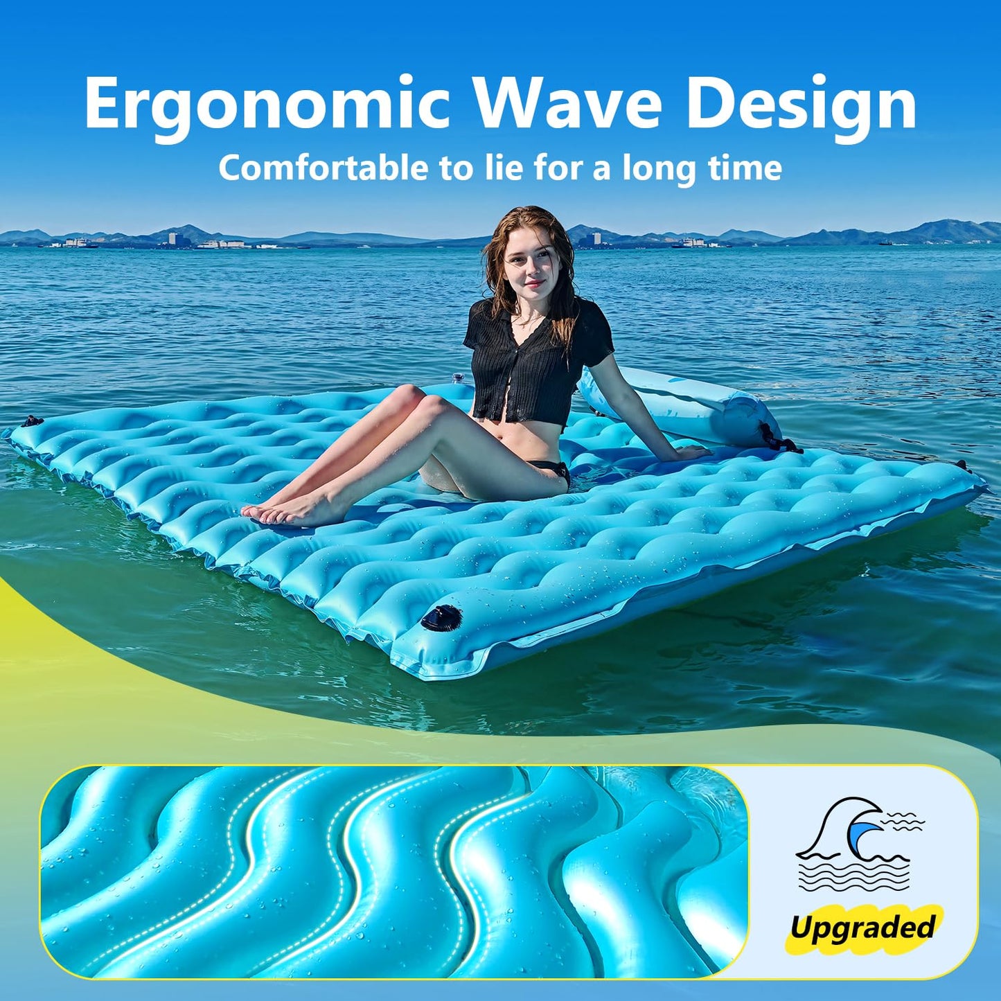 Sunrio 2025 Upgrade 72x72 Giant Inflatable Floating Mat Blue — Pool Float for Adults with Air Pillow