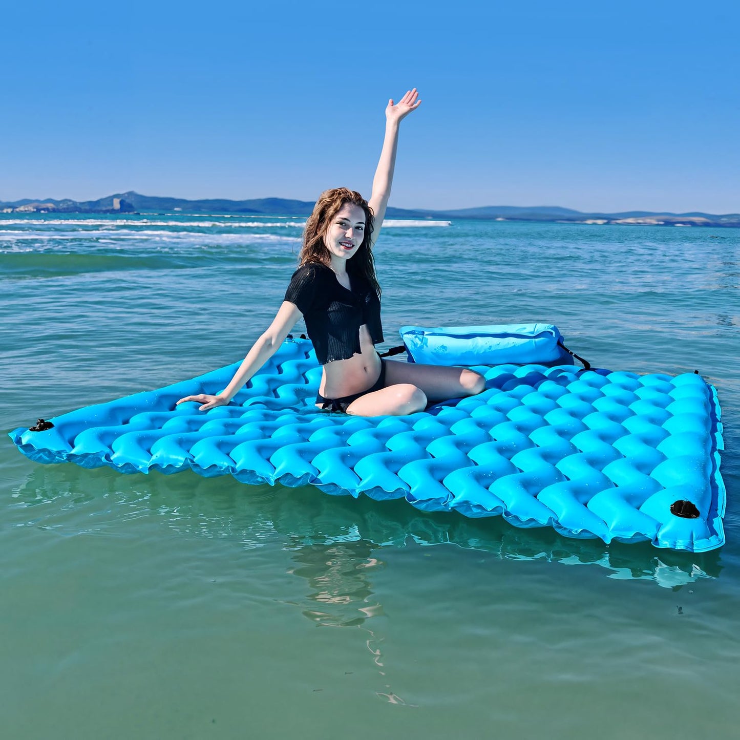 Sunrio 2025 Upgrade 72x72 Giant Inflatable Floating Mat Blue — Pool Float for Adults with Air Pillow