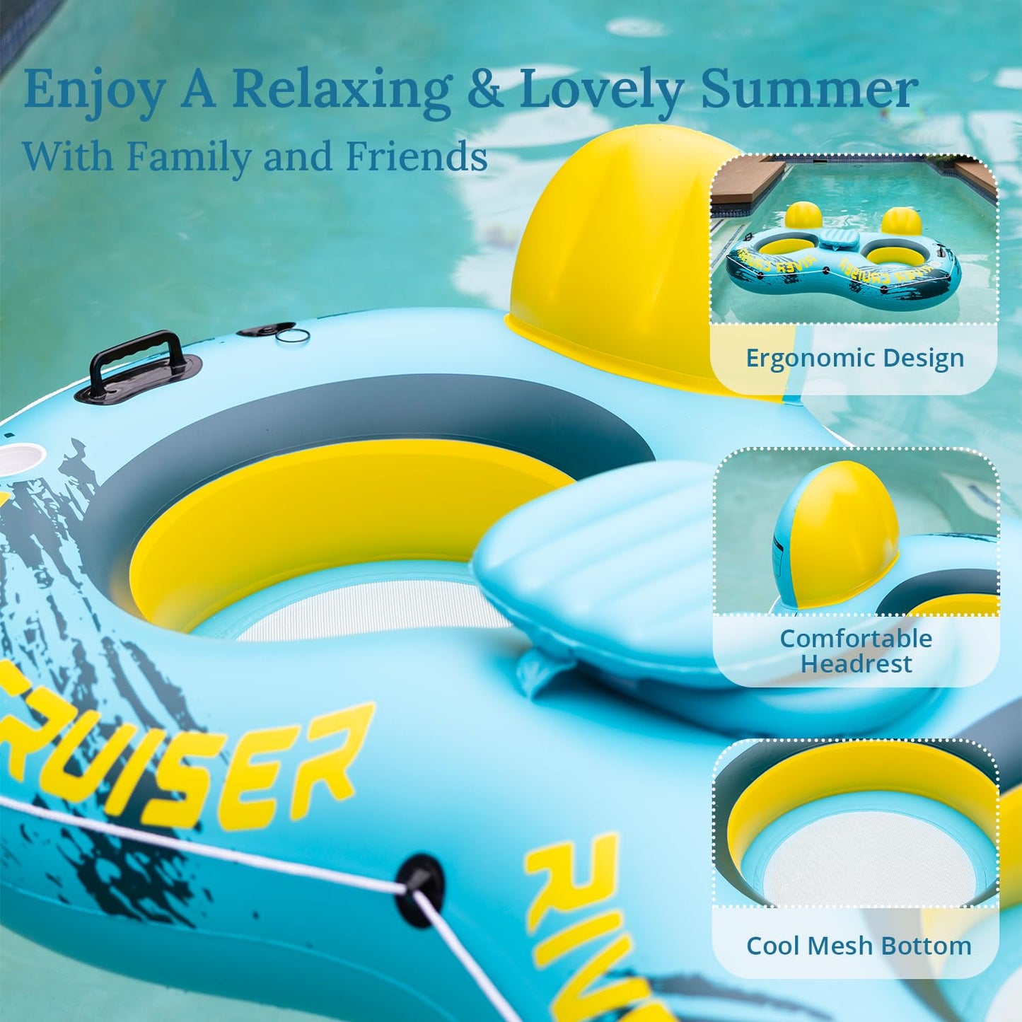 Sunrio 2025 Double River Tubes – Heavy-Duty Two-Person Pool Lounger (Green-Yellow)