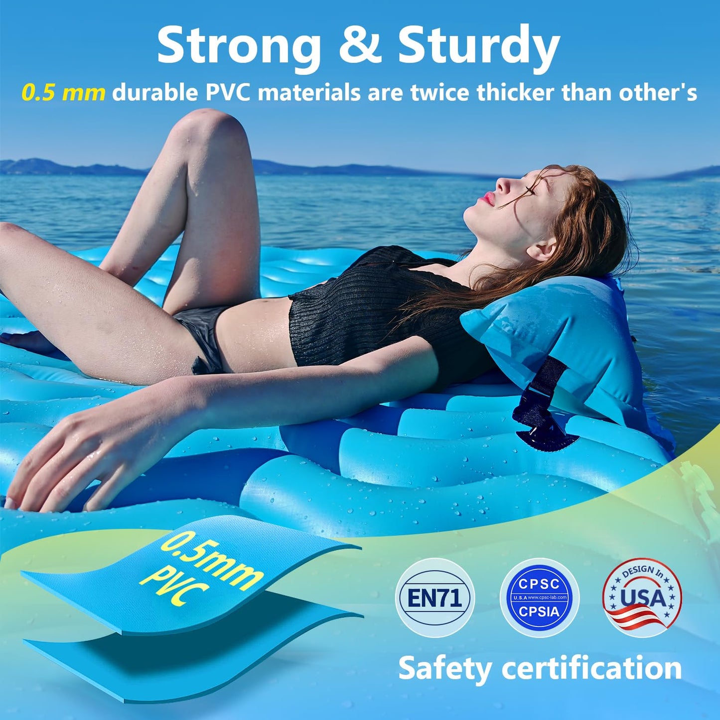 Sunrio 2025 Upgrade 72x72 Giant Inflatable Floating Mat Blue — Pool Float for Adults with Air Pillow