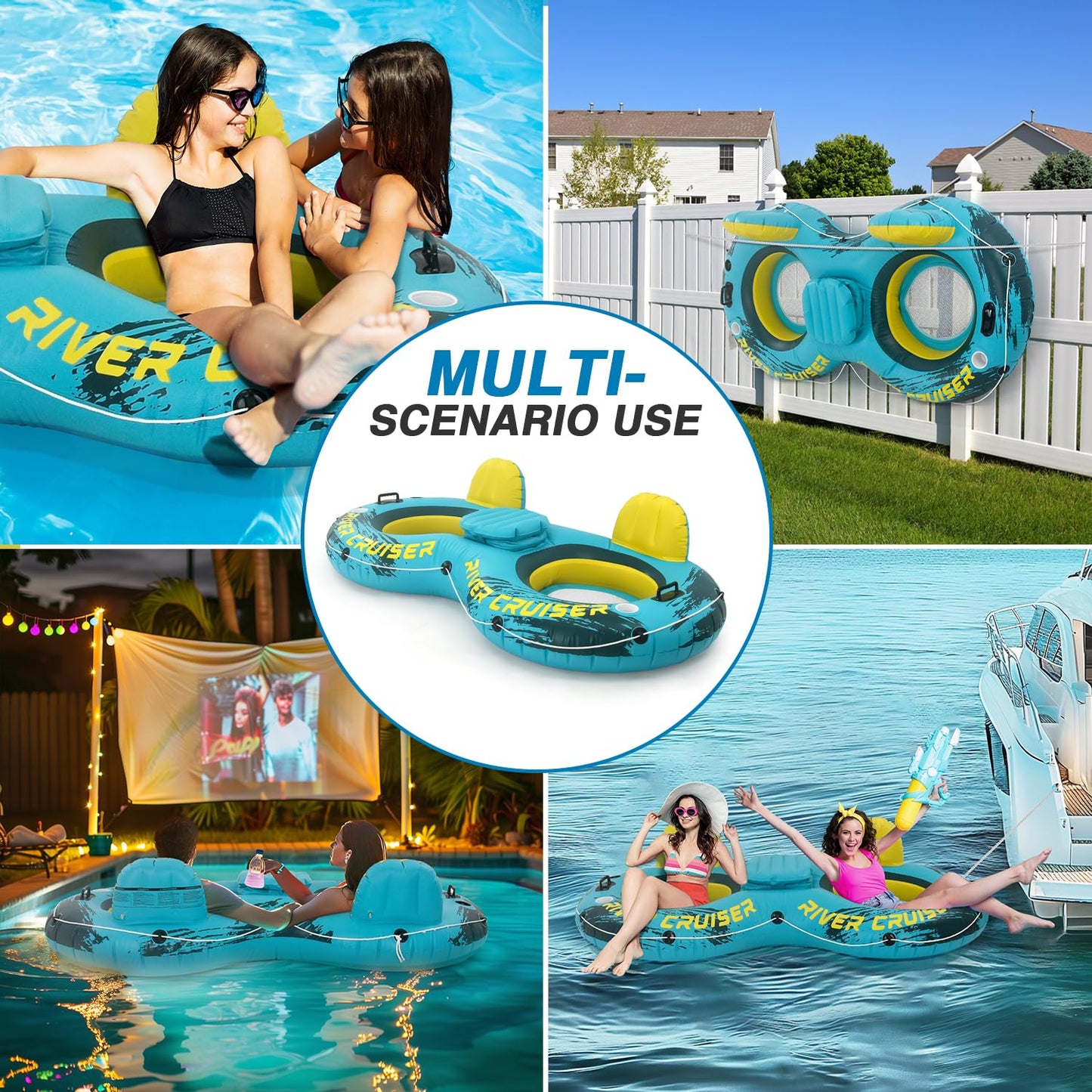 Sunrio 2025 Double River Tubes – Heavy-Duty Two-Person Pool Lounger (Green-Yellow)