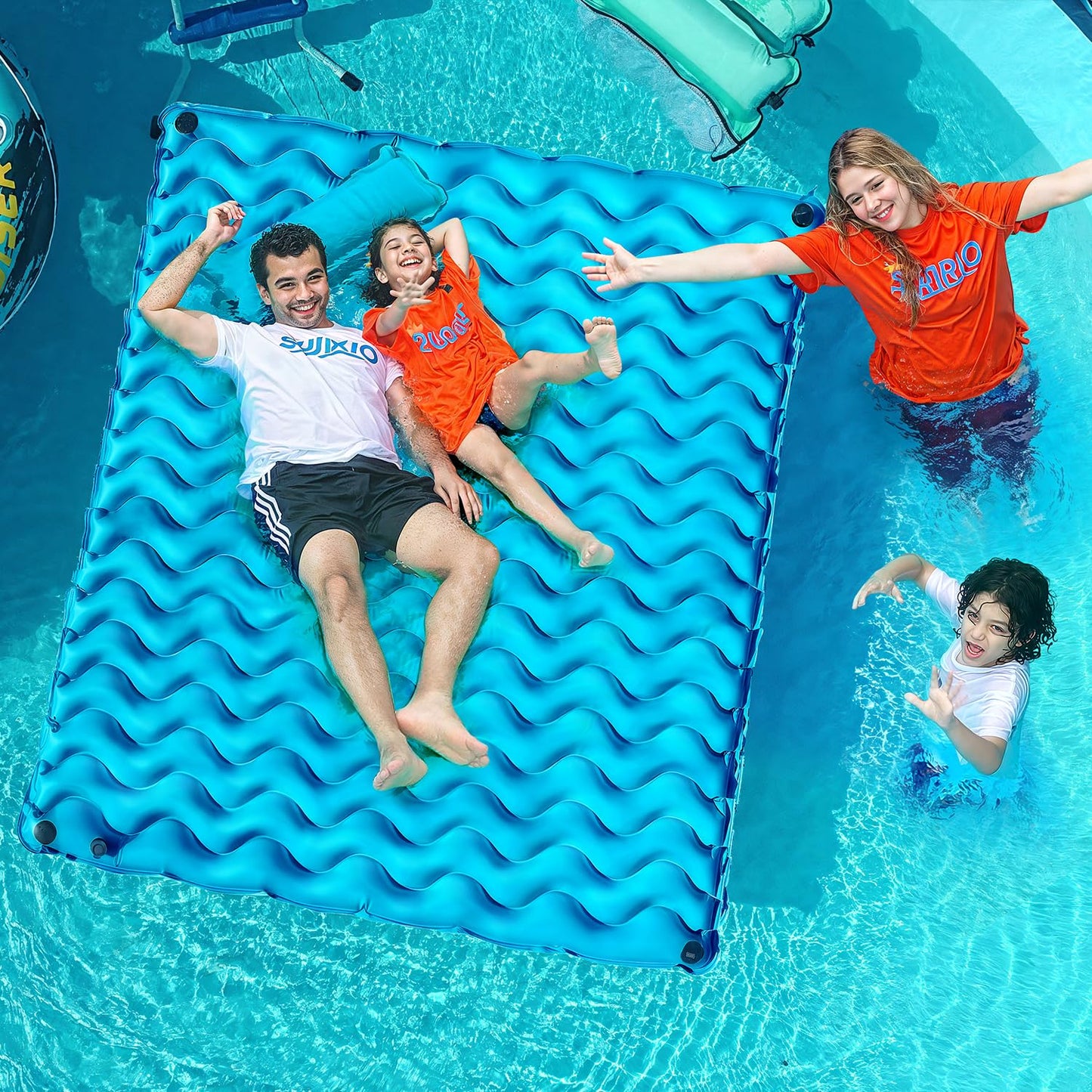 Sunrio 2025 Upgrade 72x72 Giant Inflatable Floating Mat Blue — Pool Float for Adults with Air Pillow