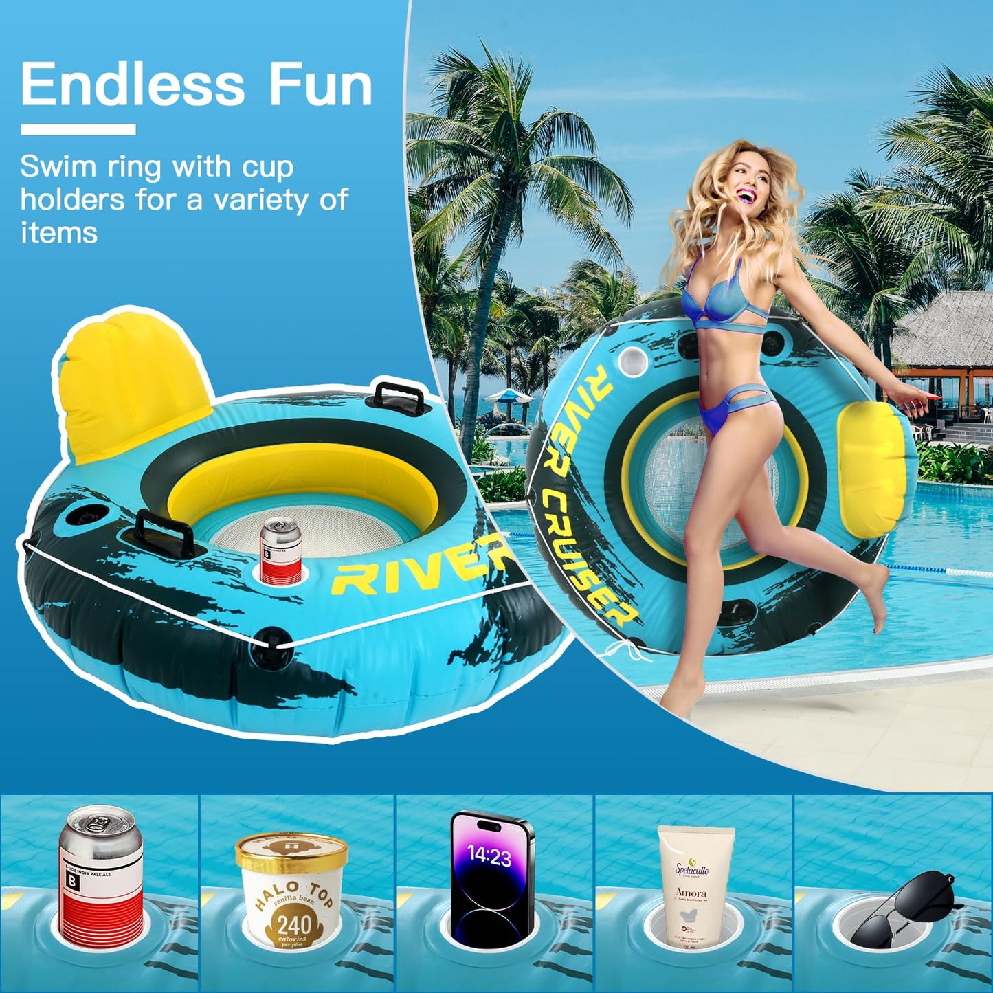 Sunrio 2-Pack River Tubes | Heavy-Duty Inflatable Loungers with Cup Holder – Green & Yellow