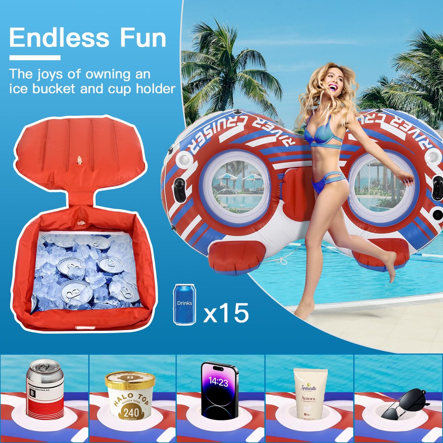 Sunrio Heavy Duty 2-Person River Tube with Cooler – Premium Inflatable Floating Lounger