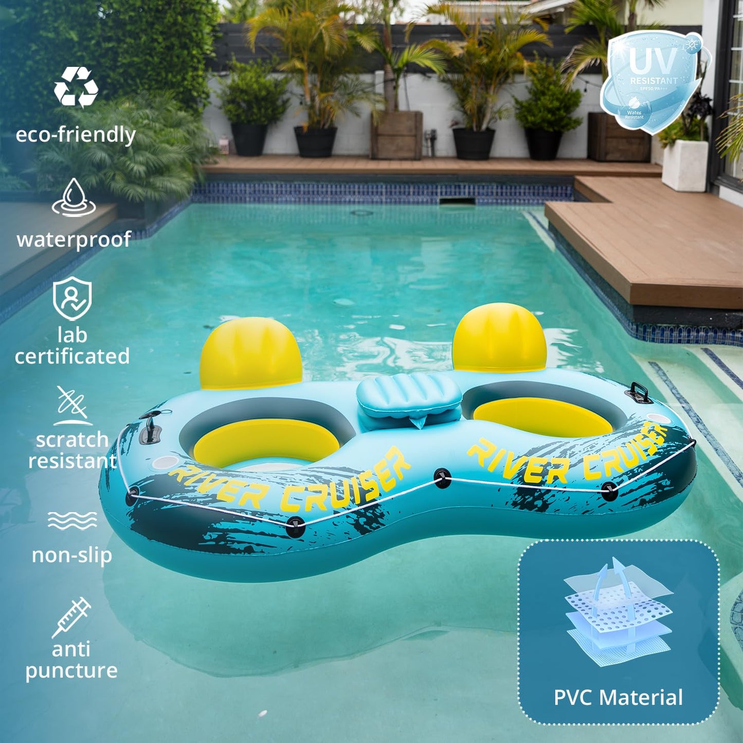Sunrio 2025 Double River Tubes – Heavy-Duty Two-Person Pool Lounger (Green-Yellow)