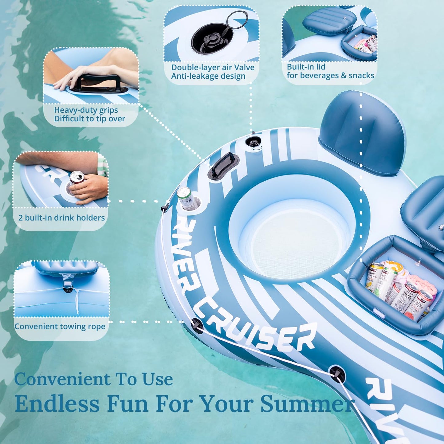 Sunrio Heavy Duty 2 Person River Tubes with Cooler | Premium Inflatable Lounger