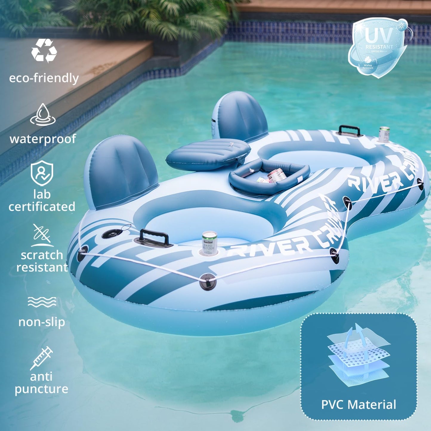 Sunrio Heavy Duty 2 Person River Tubes with Cooler | Premium Inflatable Lounger