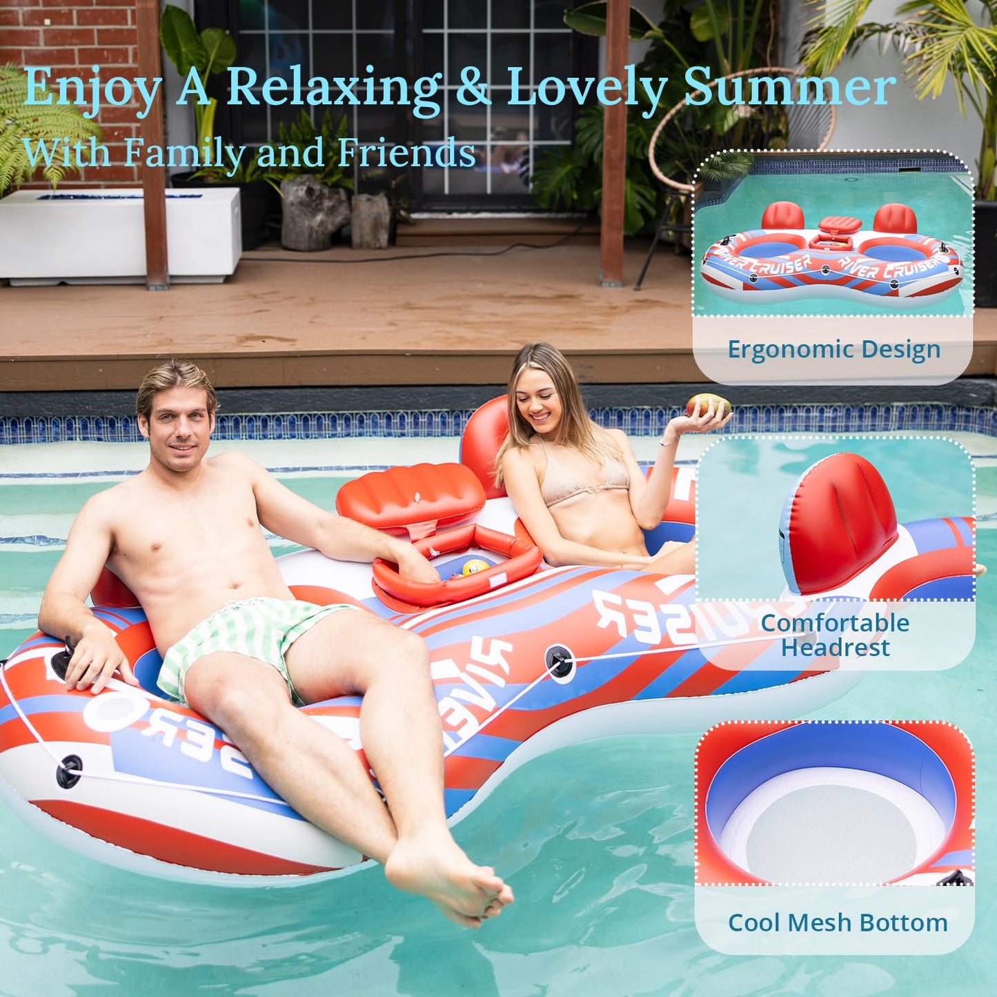 Sunrio Heavy Duty 2-Person River Tube with Cooler – Premium Inflatable Floating Lounger