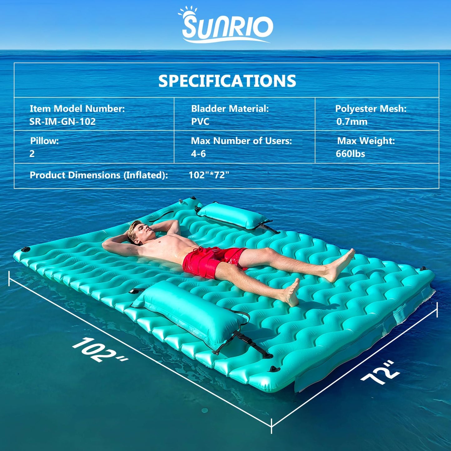 Sunrio 2025 Upgrade 102x72 Giant Inflatable Floating Mat — Pool Hammock & Lake Float (Green)