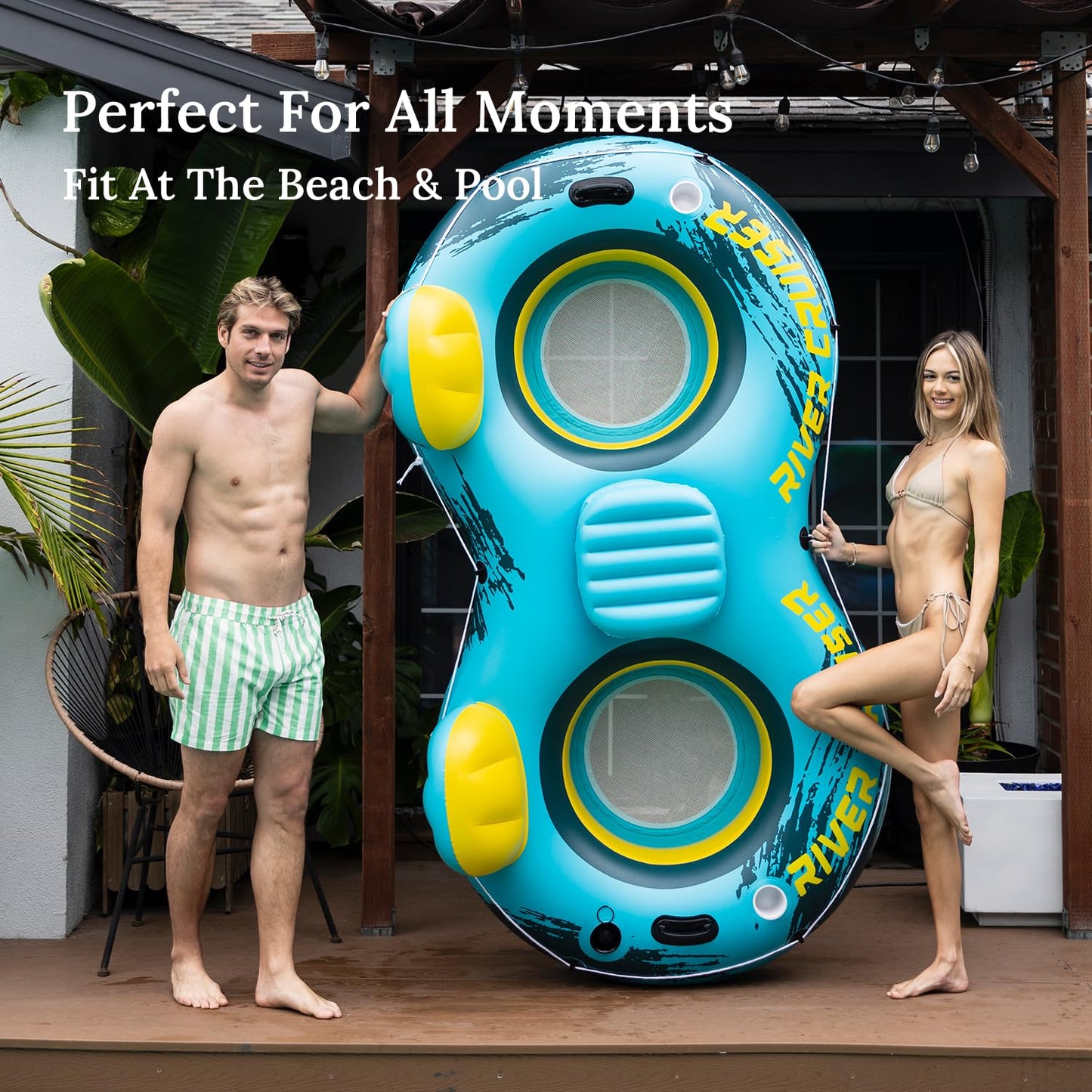 Sunrio 2025 Double River Tubes – Heavy-Duty Two-Person Pool Lounger (Green-Yellow)