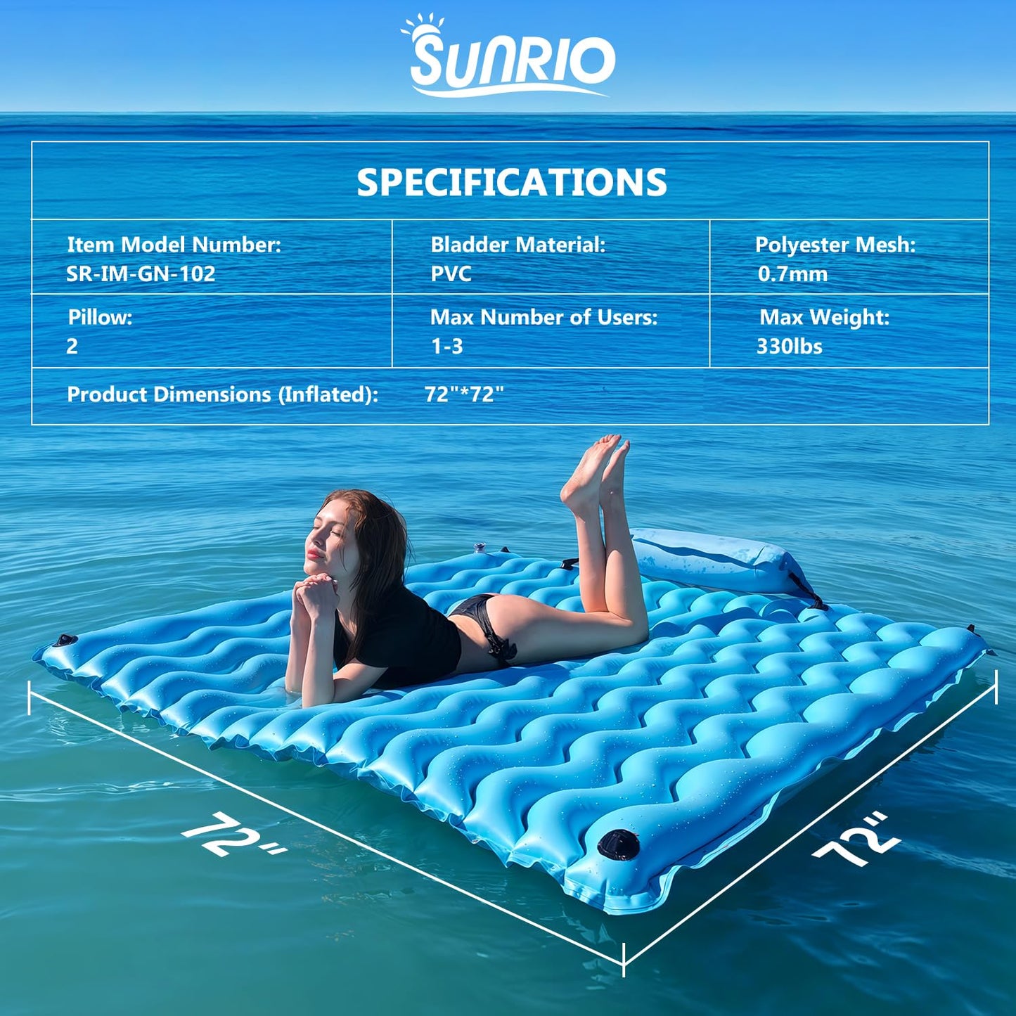 Sunrio 2025 Upgrade 72x72 Giant Inflatable Floating Mat Blue — Pool Float for Adults with Air Pillow