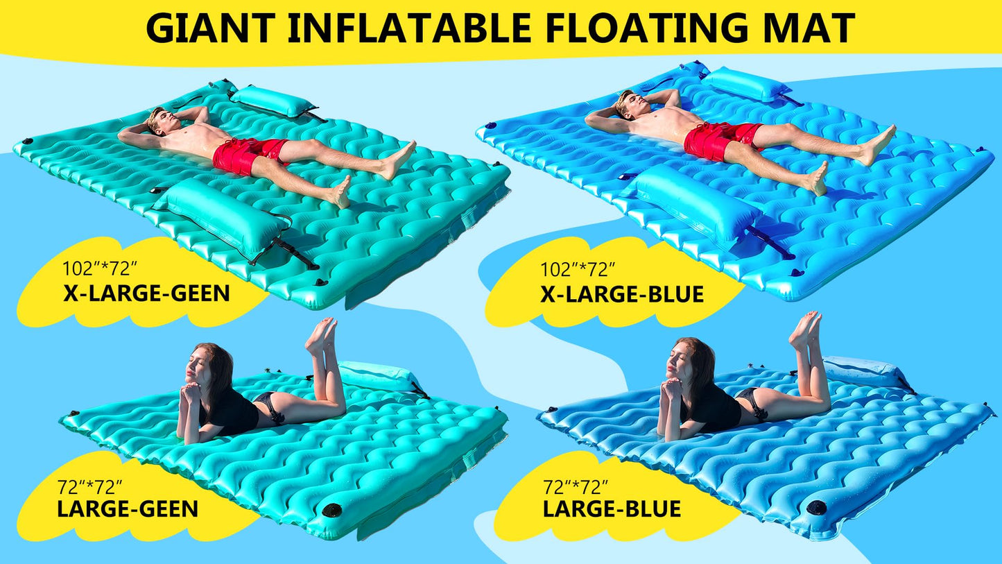 Sunrio 2025 Upgrade 72x72 Giant Inflatable Floating Mat Blue — Pool Float for Adults with Air Pillow