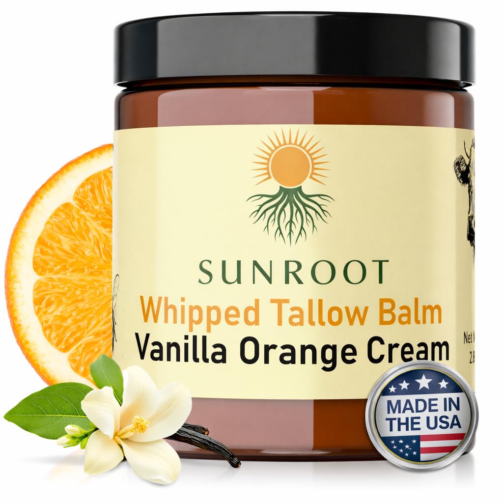 Sunroot Naturals Whipped Tallow Balm – Vanilla Orange Cream Moisturizer (2.85 oz) | Glass Jar
