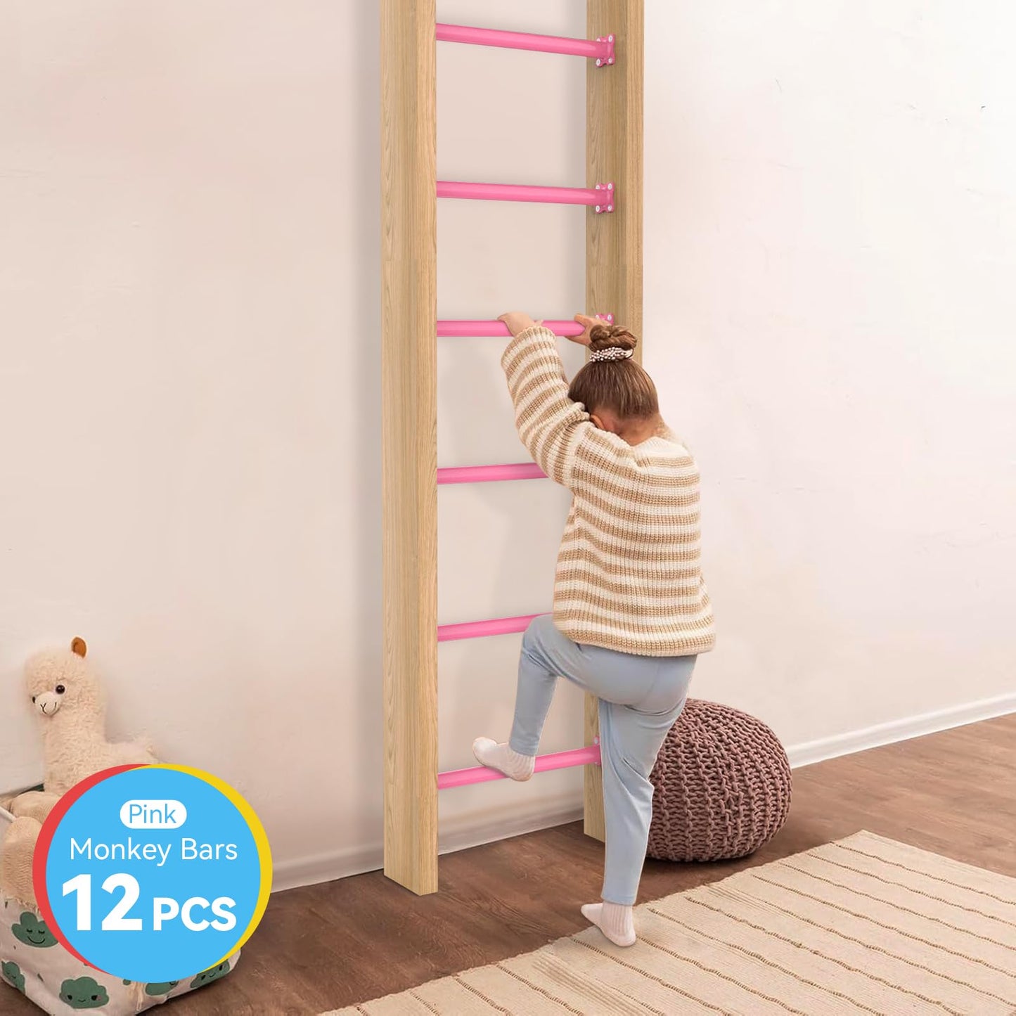 Sunshine Farmre 16.5-Inch Pink Monkey Bars Kit – 12 Pcs for Backyard & Indoor Playset