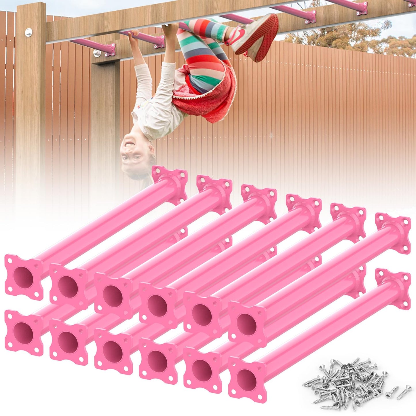 Sunshine Farmre 16.5-Inch Pink Monkey Bars Kit – 12 Pcs for Backyard & Indoor Playset