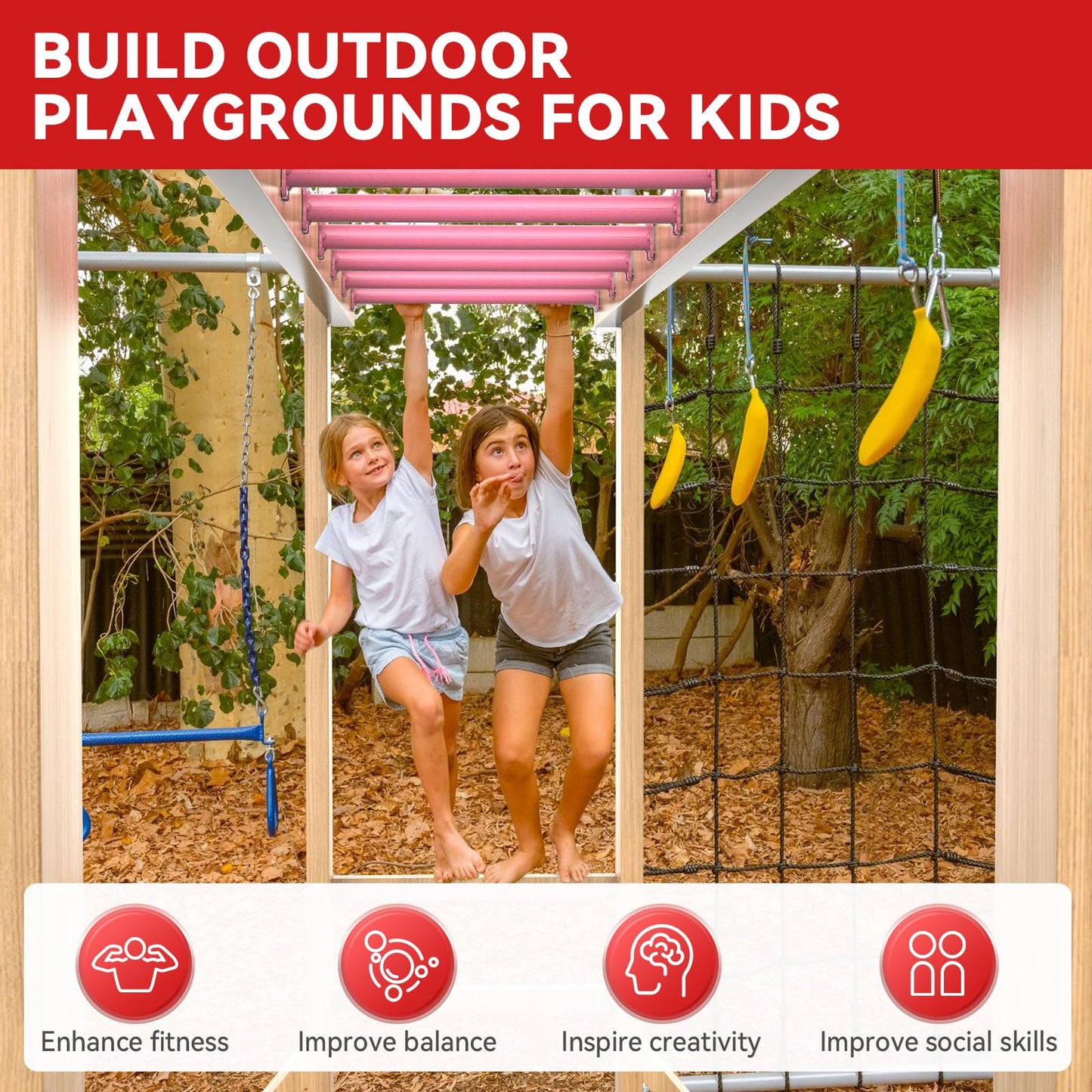Sunshine Farmre 16.5-Inch Pink Monkey Bars Kit – 12 Pcs for Backyard & Indoor Playset