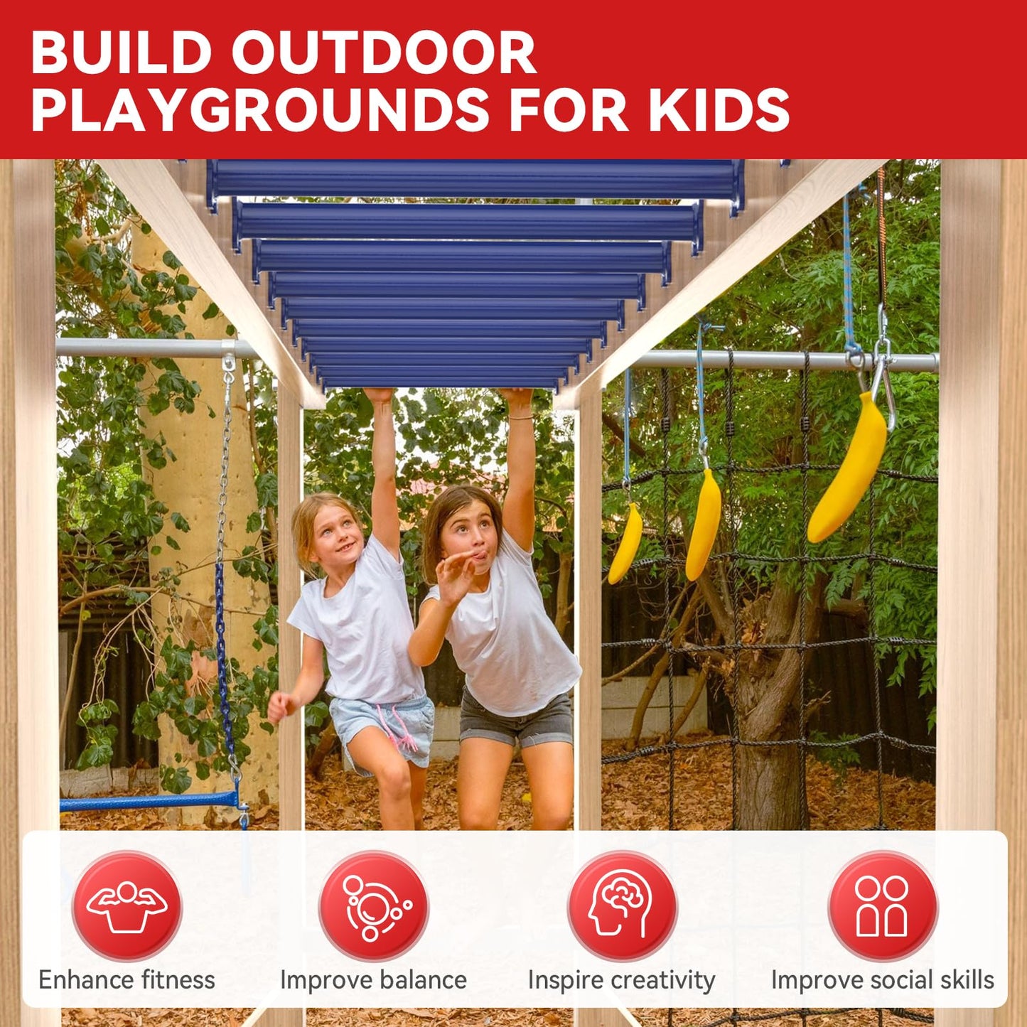 SUNSHINE FARMRE 16.5-Inch Monkey Bars Kit – Backyard Indoor/Outdoor Rungs (Dark Blue, 12 Pcs)