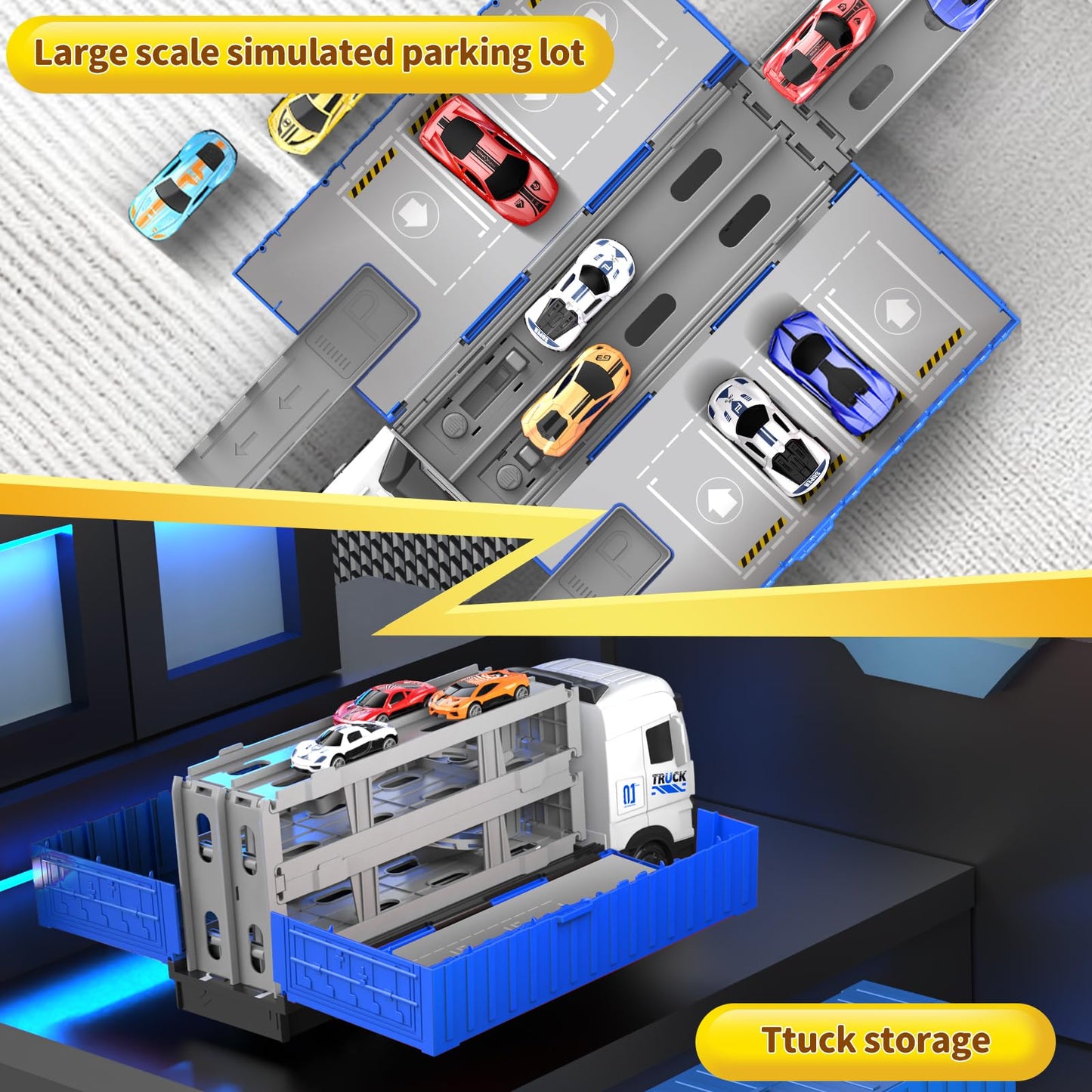 Sunxiaoyoung Transformable Truck & 3-Layer Race Track Playset — 62-Inch Track, 8 Metal Cars, Parking Garage