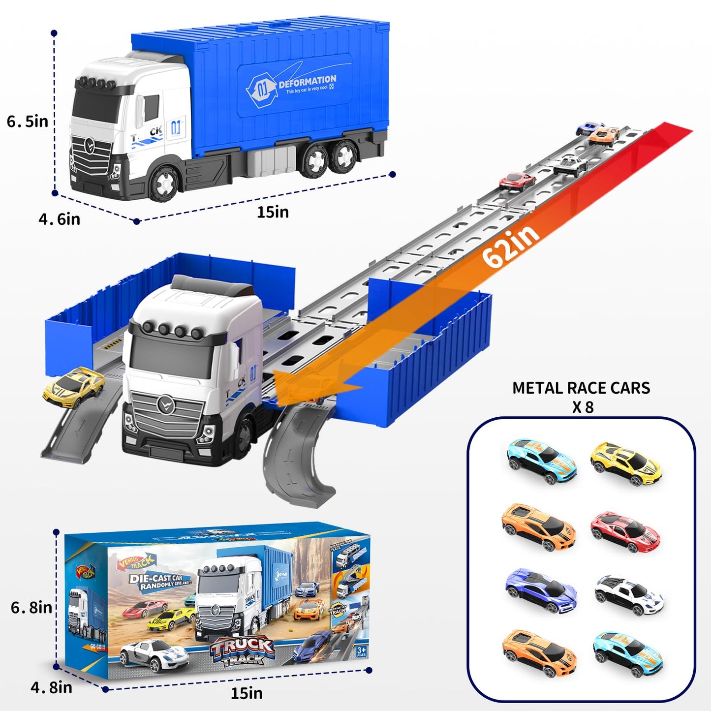 Sunxiaoyoung Transformable Truck & 3-Layer Race Track Playset — 62-Inch Track, 8 Metal Cars, Parking Garage